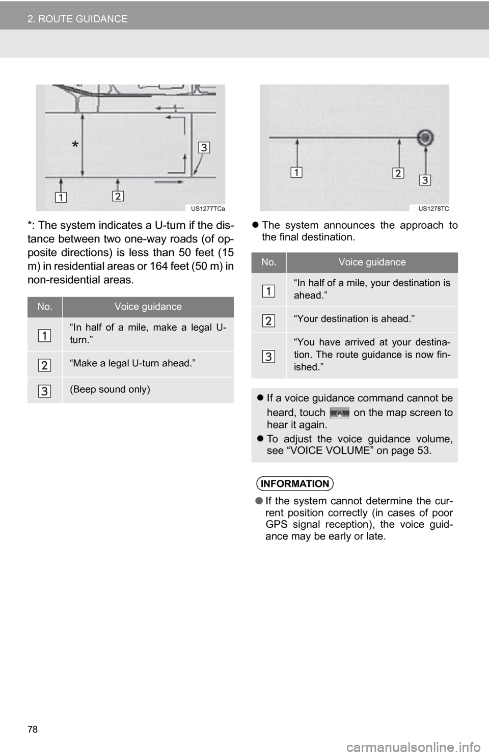 TOYOTA RAV4 EV 2013 1.G Navigation Manual 78
2. ROUTE GUIDANCE
*: The system indicates a U-turn if the dis-
tance between two one-way roads (of op-
posite directions) is less than 50 feet (15
m) in residential areas or 164 feet (50 TOYOTA RAV4 EV 2013 1.G Navigation Manual 78
2. ROUTE GUIDANCE
*: The system indicates a U-turn if the dis-
tance between two one-way roads (of op-
posite directions) is less than 50 feet (15
m) in residential areas or 164 feet (50