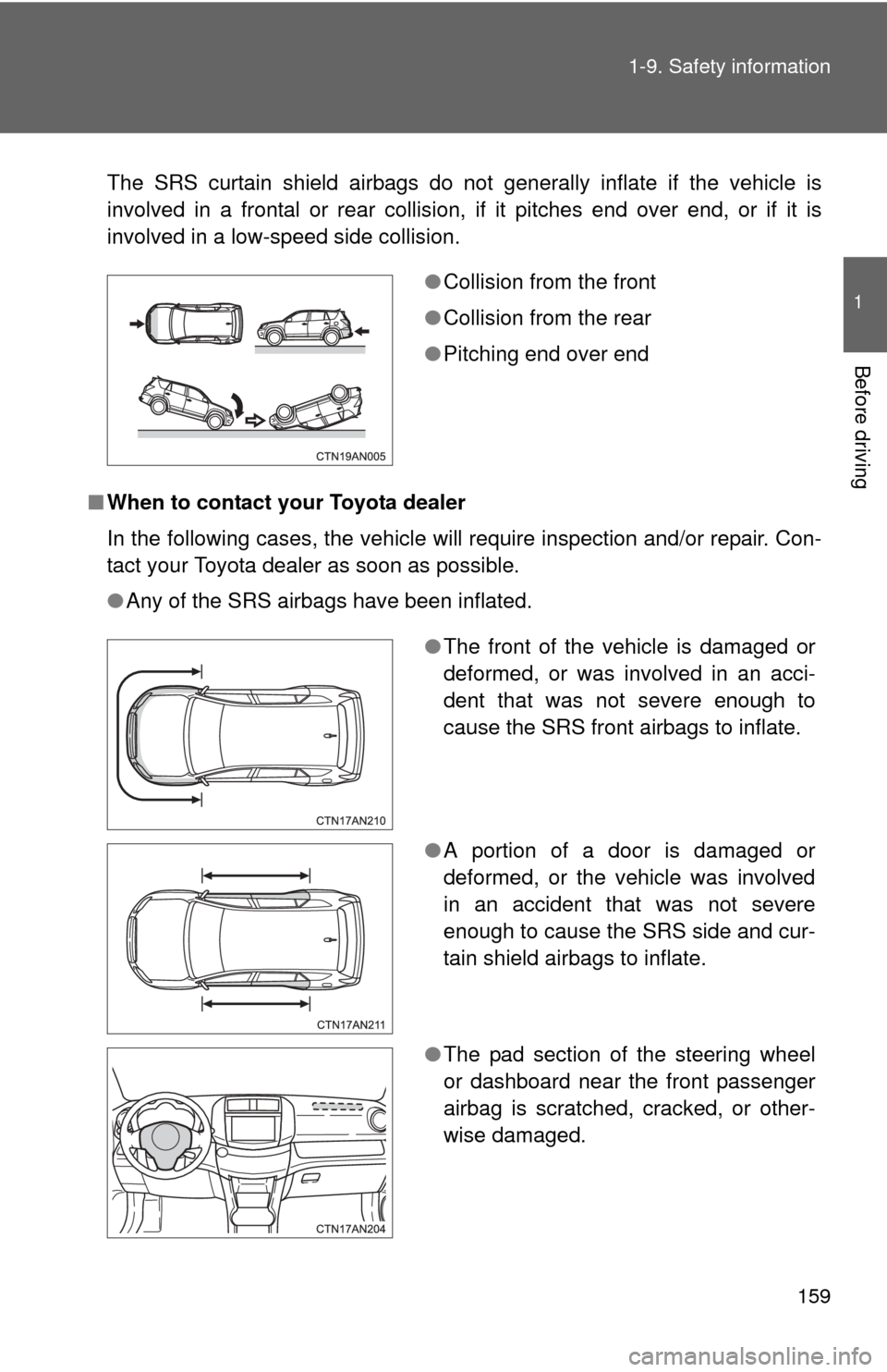 TOYOTA RAV4 EV 2013 1.G Owners Manual 159
1-9. Safety information
1
Before driving
The SRS curtain shield airbags do not generally inflate if the vehicle is
involved in a frontal or rear collision, if it pitches end over end, or if it is
TOYOTA RAV4 EV 2013 1.G Owners Manual 159
1-9. Safety information
1
Before driving
The SRS curtain shield airbags do not generally inflate if the vehicle is
involved in a frontal or rear collision, if it pitches end over end, or if it is
