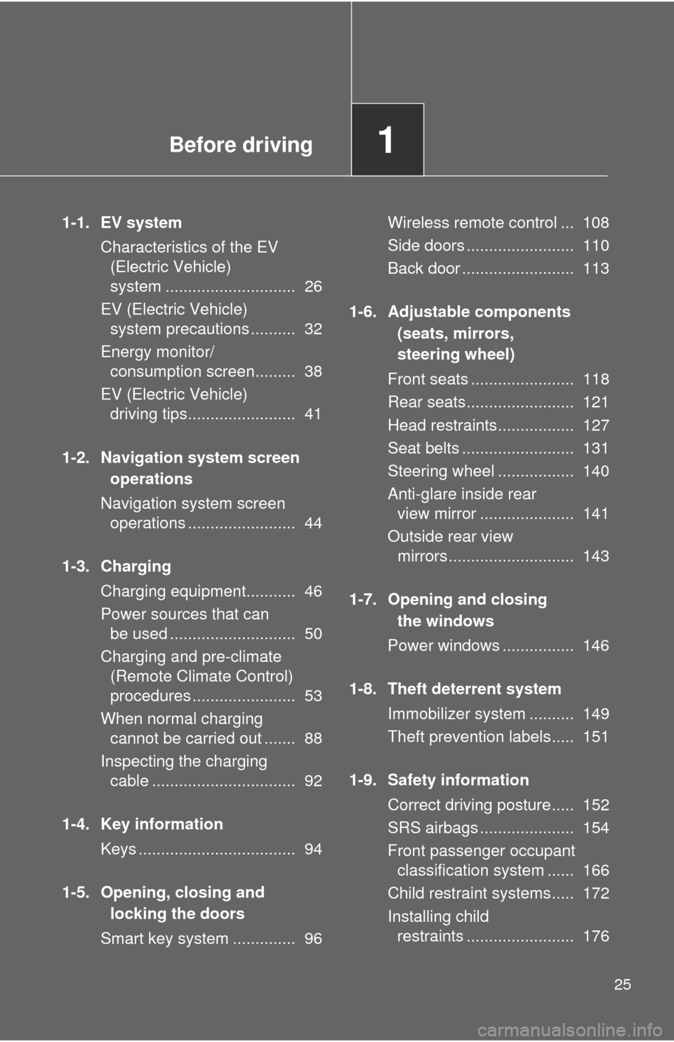 TOYOTA RAV4 EV 2013 1.G Owners Manual Before driving1
25
1-1. EV systemCharacteristics of the EV (Electric Vehicle)
system ............................. 26
EV (Electric Vehicle) system precautions .......... 32
Energy monitor/ consump TOYOTA RAV4 EV 2013 1.G Owners Manual Before driving1
25
1-1. EV systemCharacteristics of the EV (Electric Vehicle)
system ............................. 26
EV (Electric Vehicle) system precautions .......... 32
Energy monitor/ consump