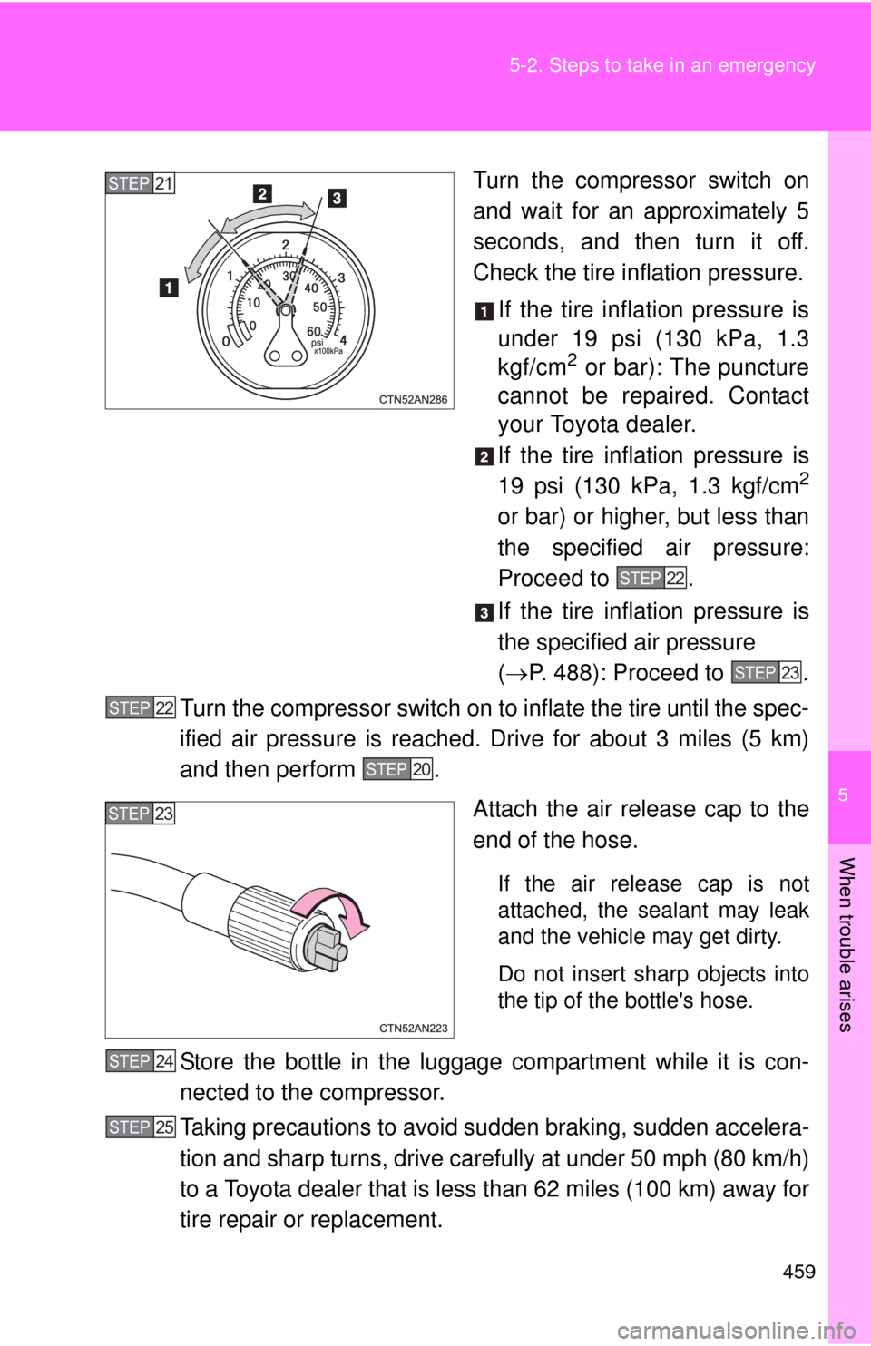 TOYOTA RAV4 EV 2013 1.G Owners Manual 5
When trouble arises
459
5-2. Steps to take in an emergency
Turn the compressor switch on
and wait for an approximately 5
seconds, and then turn it off.
Check the tire inflation pressure.
If the tire TOYOTA RAV4 EV 2013 1.G Owners Manual 5
When trouble arises
459
5-2. Steps to take in an emergency
Turn the compressor switch on
and wait for an approximately 5
seconds, and then turn it off.
Check the tire inflation pressure.
If the tire