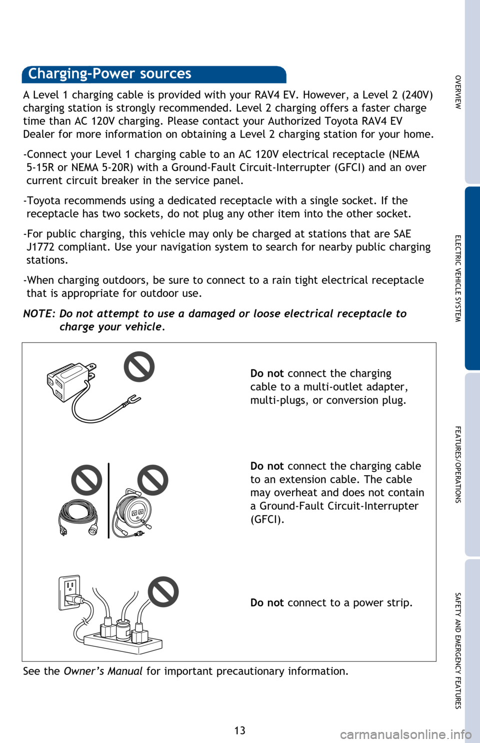 TOYOTA RAV4 EV 2013 1.G Quick Reference Guide OVERVIEWELECTRIC VEHICLE SYSTEM FEATURES/OPERATIONS
SAFETY AND EMERGENCY FEATURES
13
Charging cable
Charging port door
Charging port cap
Charging port
Charging indicator
Charging-Power sources
A Level TOYOTA RAV4 EV 2013 1.G Quick Reference Guide OVERVIEWELECTRIC VEHICLE SYSTEM FEATURES/OPERATIONS
SAFETY AND EMERGENCY FEATURES
13
Charging cable
Charging port door
Charging port cap
Charging port
Charging indicator
Charging-Power sources
A Level