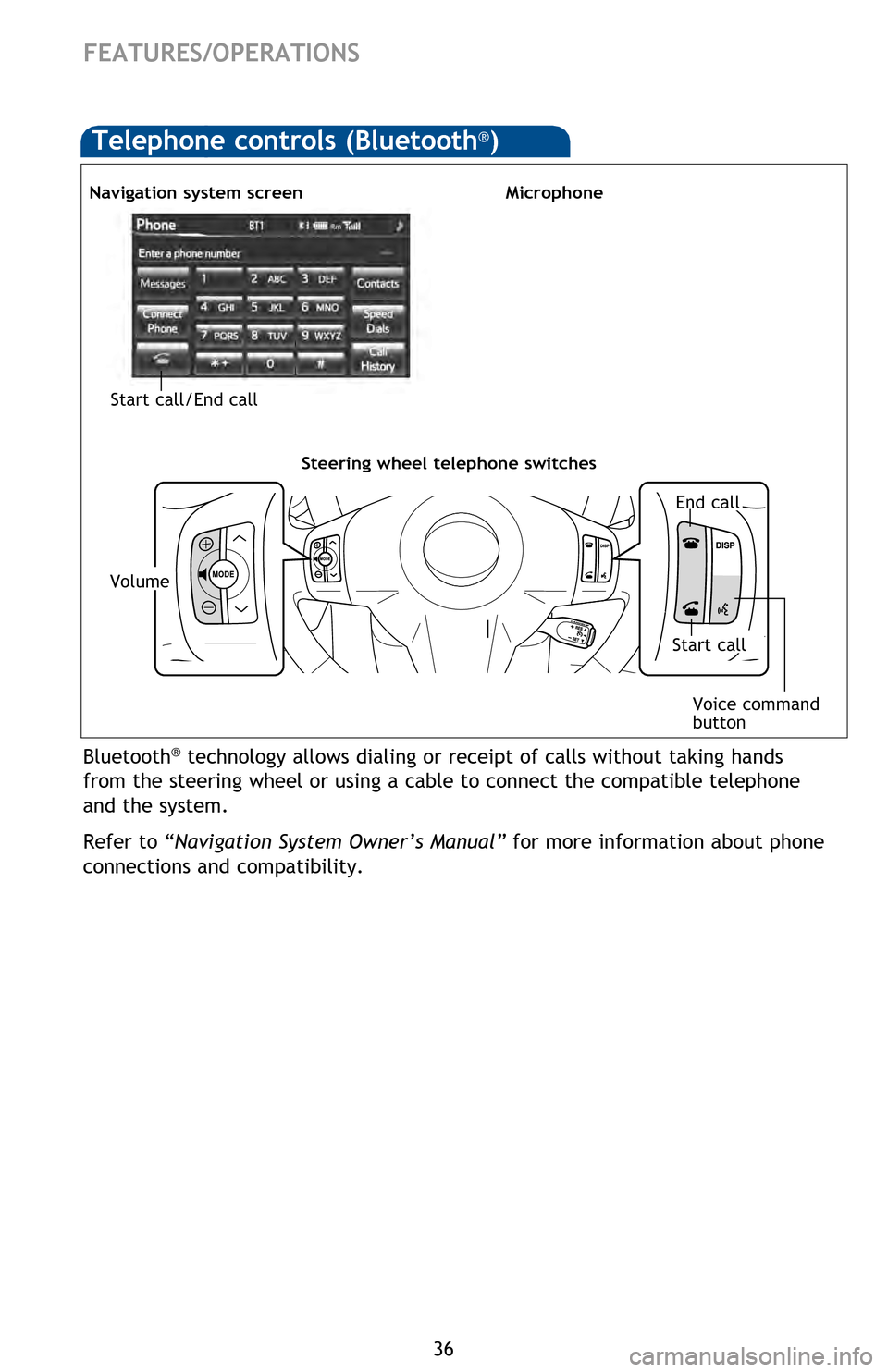 TOYOTA RAV4 EV 2013 1.G Quick Reference Guide 36
Bluetooth® technology allows dialing or receipt of calls without taking hands 
from the steering wheel or using a cable to connect the compatible telephone 
and the system. 
Refer to “Navigation