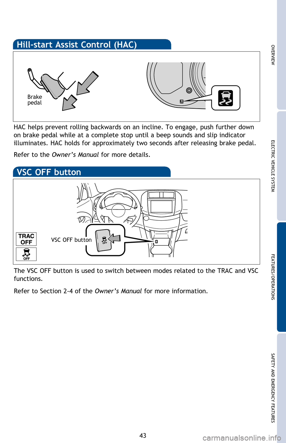 TOYOTA RAV4 EV 2013 1.G Quick Reference Guide OVERVIEWELECTRIC VEHICLE SYSTEM FEATURES/OPERATIONS
SAFETY AND EMERGENCY FEATURES
43
NOTE: Designed for car accessories. Power switch must be in the “ACCESSORY” or
“ON” mode to be used.
HAC h TOYOTA RAV4 EV 2013 1.G Quick Reference Guide OVERVIEWELECTRIC VEHICLE SYSTEM FEATURES/OPERATIONS
SAFETY AND EMERGENCY FEATURES
43
NOTE: Designed for car accessories. Power switch must be in the “ACCESSORY” or
“ON” mode to be used.
HAC h