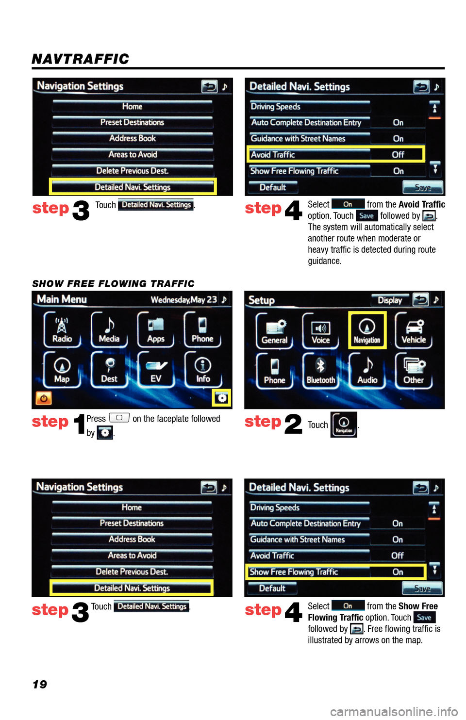 TOYOTA RAV4 EV 2014 1.G Navigation Manual 19
Press on the faceplate followed
by
. step1step2Touch .
SHOW FREE FLOWING TRAFFIC
step3
Touch .
NAVTRAFFIC
step3
Touch . step4
Select from the Avoid Traffic
option. Touch followed by .
Th TOYOTA RAV4 EV 2014 1.G Navigation Manual 19
Press on the faceplate followed
by
. step1step2Touch .
SHOW FREE FLOWING TRAFFIC
step3
Touch .
NAVTRAFFIC
step3
Touch . step4
Select from the Avoid Traffic
option. Touch followed by .
Th