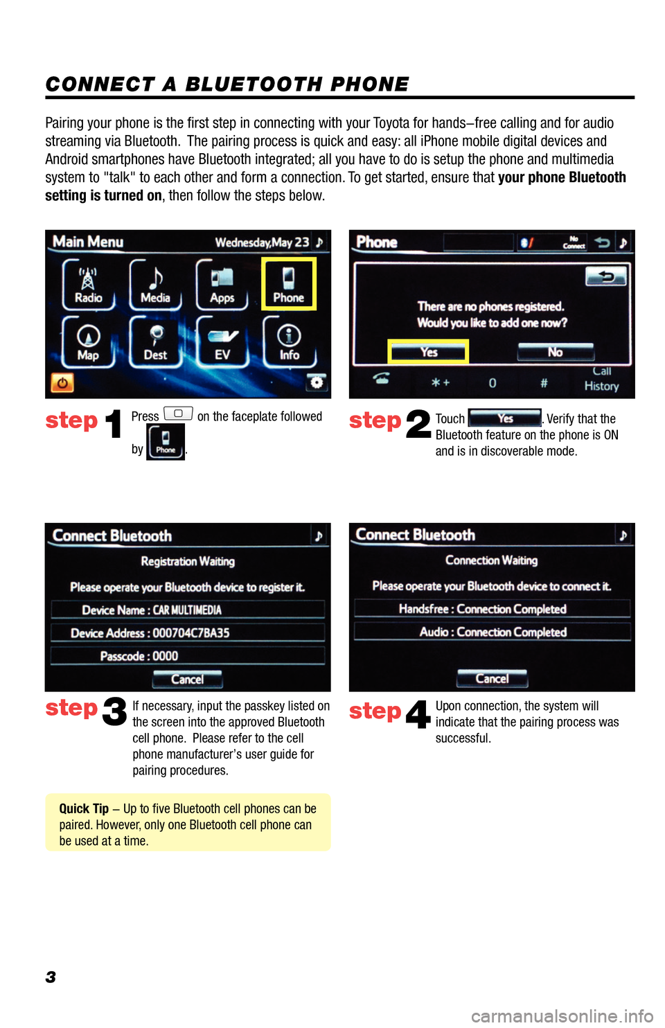 TOYOTA RAV4 EV 2014 1.G Navigation Manual 3
CONNECT A BLUETOOTH PHONE
Press on the faceplate followed
by
.
step2
step3
step1Touch . Verify that the
Bluetooth feature on the phone is ON
and is in discoverable mode.
If necessary, inp TOYOTA RAV4 EV 2014 1.G Navigation Manual 3
CONNECT A BLUETOOTH PHONE
Press on the faceplate followed
by
.
step2
step3
step1Touch . Verify that the
Bluetooth feature on the phone is ON
and is in discoverable mode.
If necessary, inp