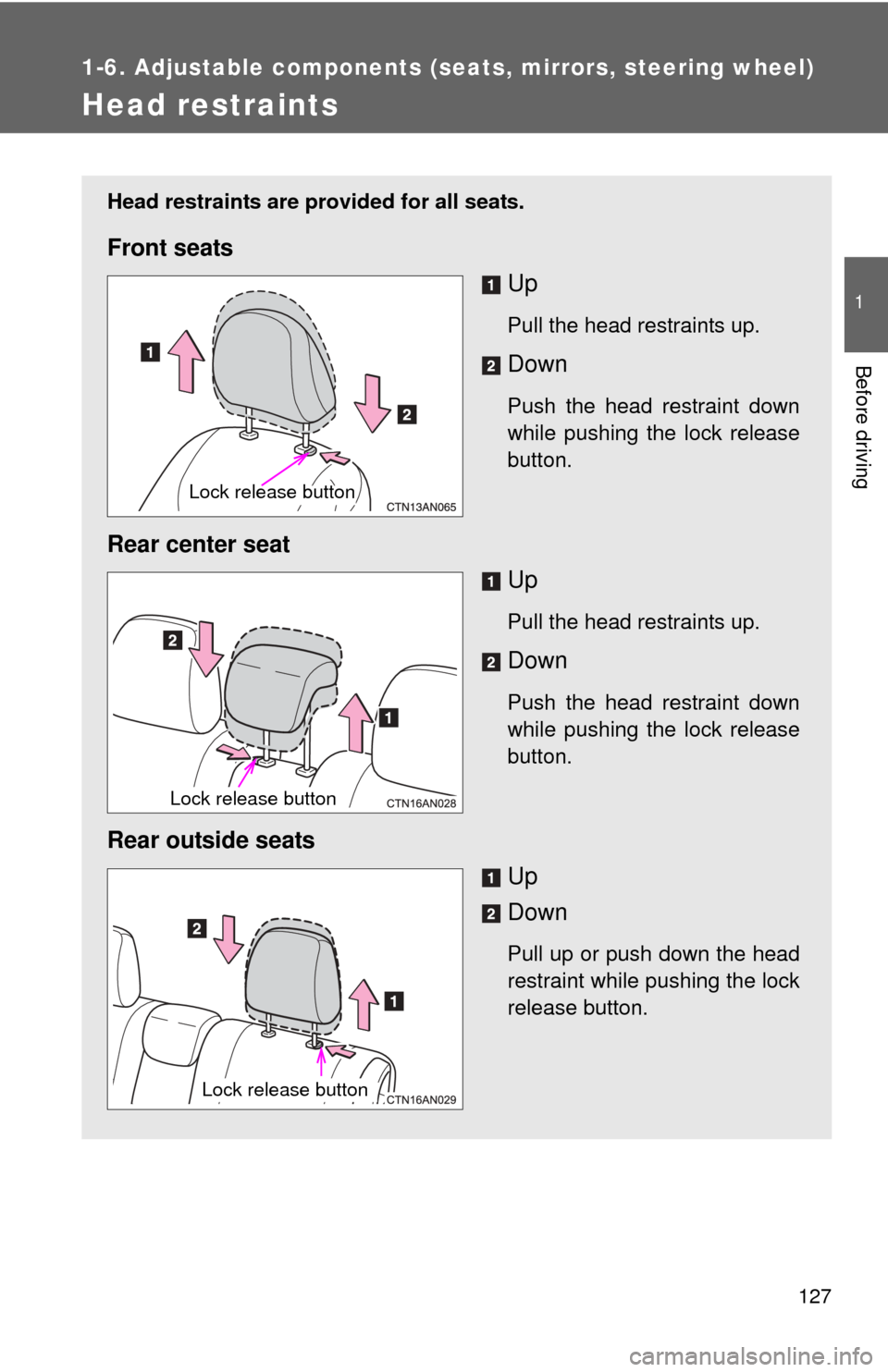 TOYOTA RAV4 EV 2014 1.G Owners Manual 127
1
1-6. Adjustable components (seats, mirrors, steering wheel)
Before driving
Head restraints
Head restraints are provided for all seats.
Front seatsUp
Pull the head restraints up.
Down
Push the he