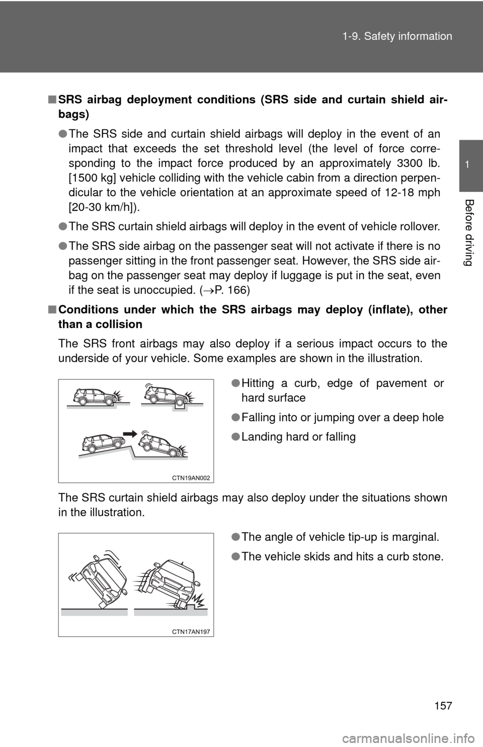TOYOTA RAV4 EV 2014 1.G Owners Manual 157
1-9. Safety information
1
Before driving
■
SRS airbag deployment conditions (S RS side and curtain shield air-
bags)
● The SRS side and curtain shield airbags will deploy in the event of an
im TOYOTA RAV4 EV 2014 1.G Owners Manual 157
1-9. Safety information
1
Before driving
■
SRS airbag deployment conditions (S RS side and curtain shield air-
bags)
● The SRS side and curtain shield airbags will deploy in the event of an
im