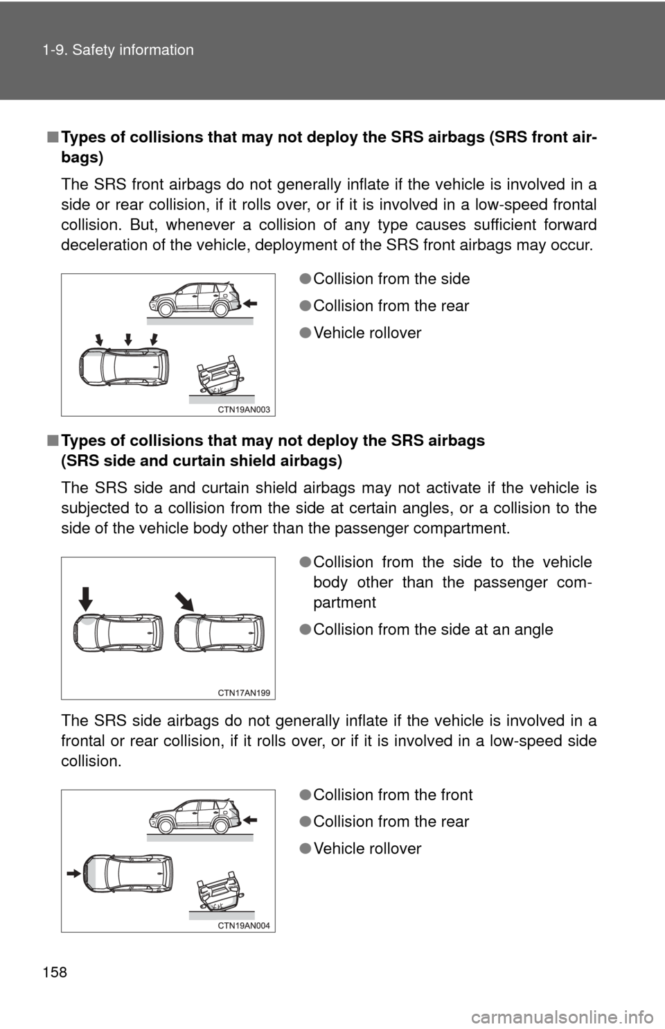 TOYOTA RAV4 EV 2014 1.G Owners Manual 158 1-9. Safety information
■Types of collisions that may not de ploy the SRS airbags (SRS front air-
bags)
The SRS front airbags do not generally inflate if the vehicle is involved in a
side or rea TOYOTA RAV4 EV 2014 1.G Owners Manual 158 1-9. Safety information
■Types of collisions that may not de ploy the SRS airbags (SRS front air-
bags)
The SRS front airbags do not generally inflate if the vehicle is involved in a
side or rea