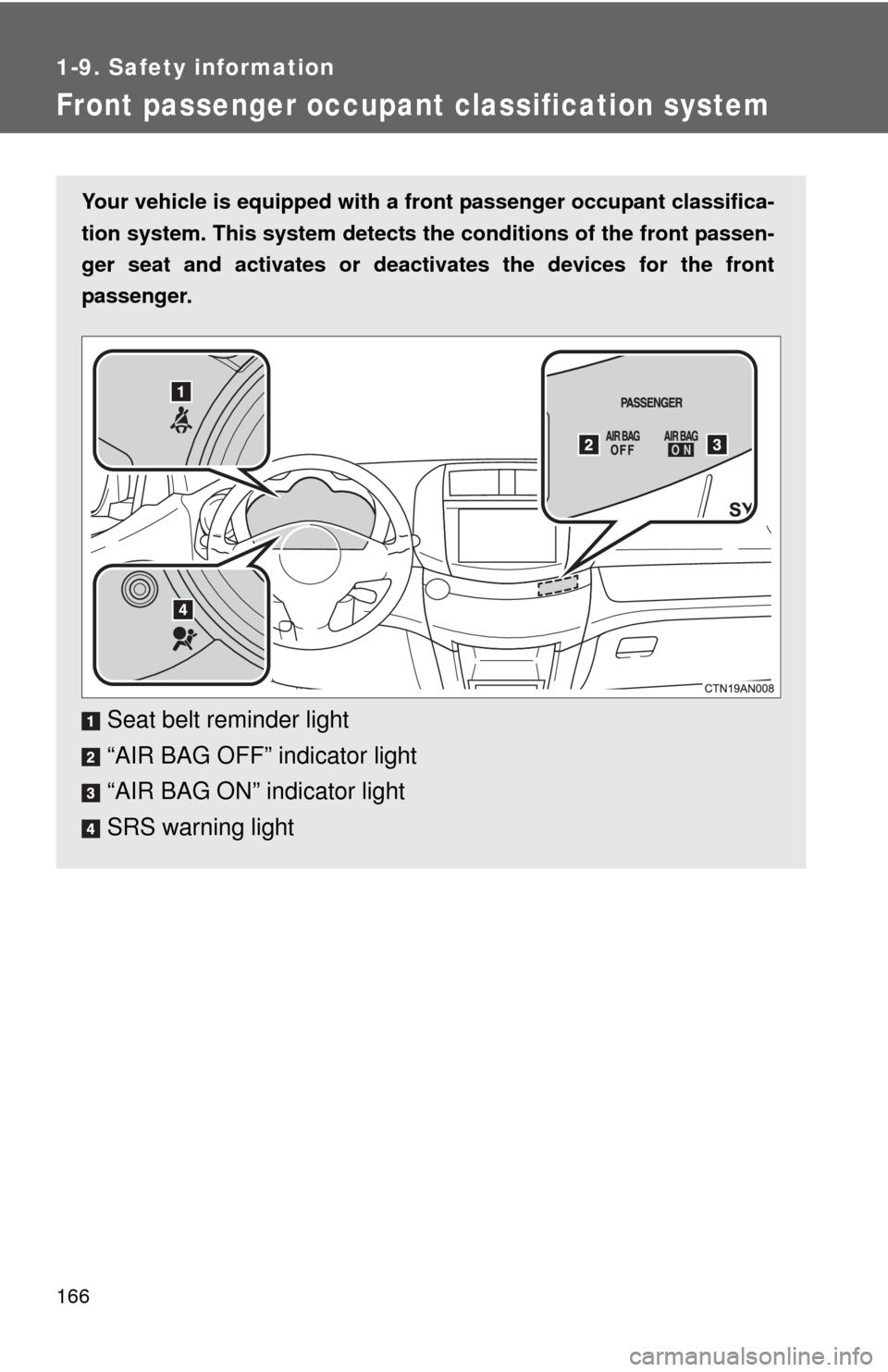 TOYOTA RAV4 EV 2014 1.G Owners Manual 166
1-9. Safety information
Front passenger occupant classification system
Your vehicle is equipped with a front passenger occupant classifica-
tion system. This system detects the conditions of the TOYOTA RAV4 EV 2014 1.G Owners Manual 166
1-9. Safety information
Front passenger occupant classification system
Your vehicle is equipped with a front passenger occupant classifica-
tion system. This system detects the conditions of the