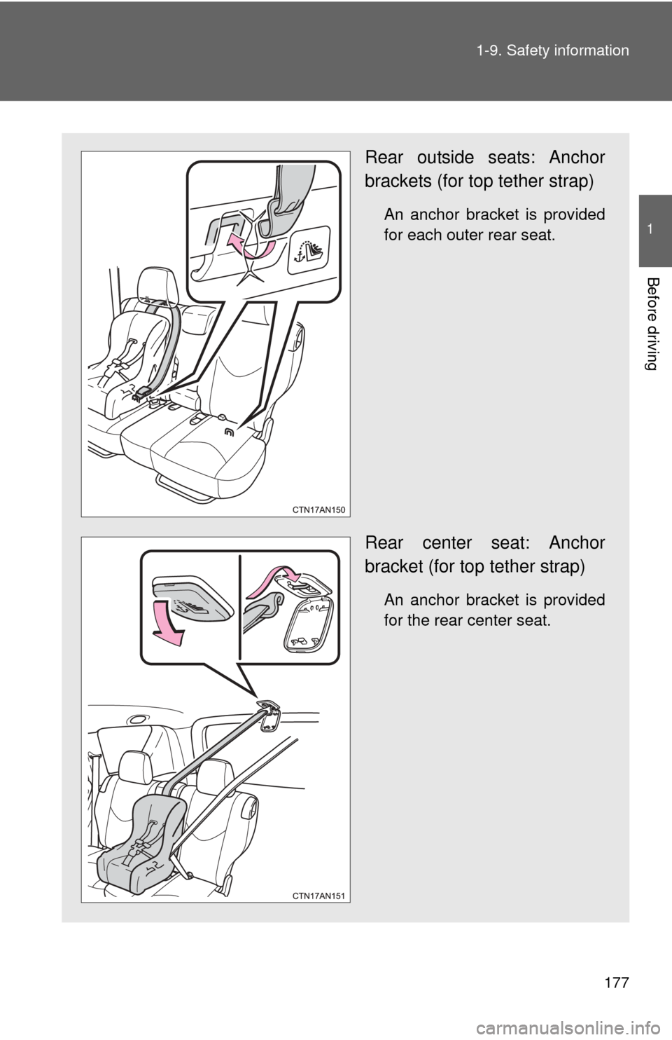 TOYOTA RAV4 EV 2014 1.G Owners Manual 177
1-9. Safety information
1
Before driving
Rear outside seats: Anchor
brackets (for top tether strap)
An anchor bracket is provided
for each outer rear seat.
Rear center seat: Anchor
bracket (for to TOYOTA RAV4 EV 2014 1.G Owners Manual 177
1-9. Safety information
1
Before driving
Rear outside seats: Anchor
brackets (for top tether strap)
An anchor bracket is provided
for each outer rear seat.
Rear center seat: Anchor
bracket (for to