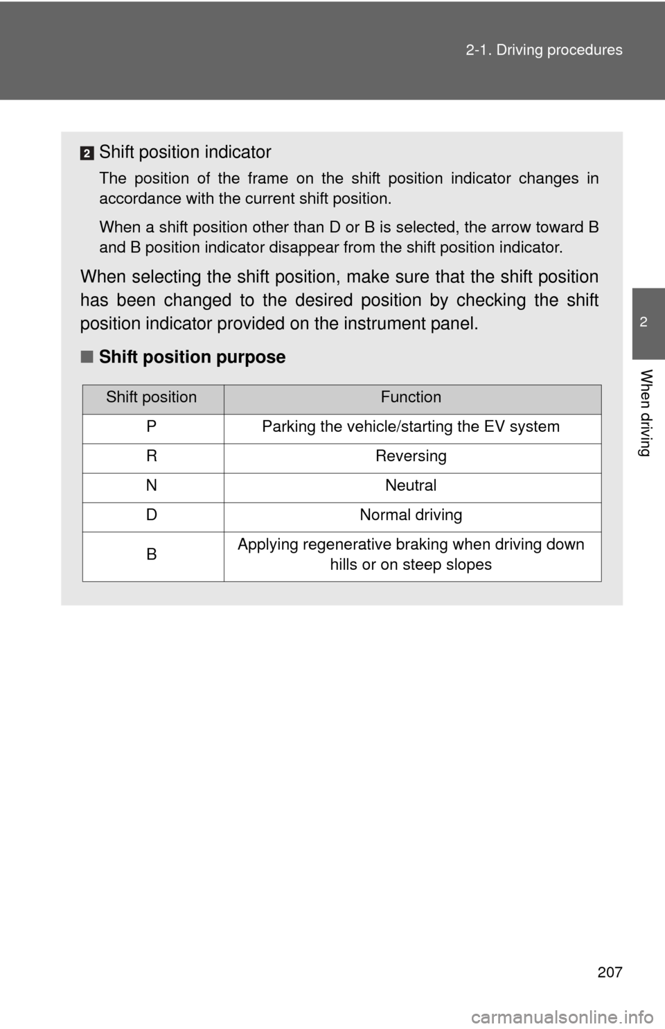 TOYOTA RAV4 EV 2014 1.G Owners Manual 207
2-1. Driving procedures
2
When driving
Shift position indicator
The position of the frame on the shift position indicator changes in
accordance with the current shift position.
When a shift positi TOYOTA RAV4 EV 2014 1.G Owners Manual 207
2-1. Driving procedures
2
When driving
Shift position indicator
The position of the frame on the shift position indicator changes in
accordance with the current shift position.
When a shift positi