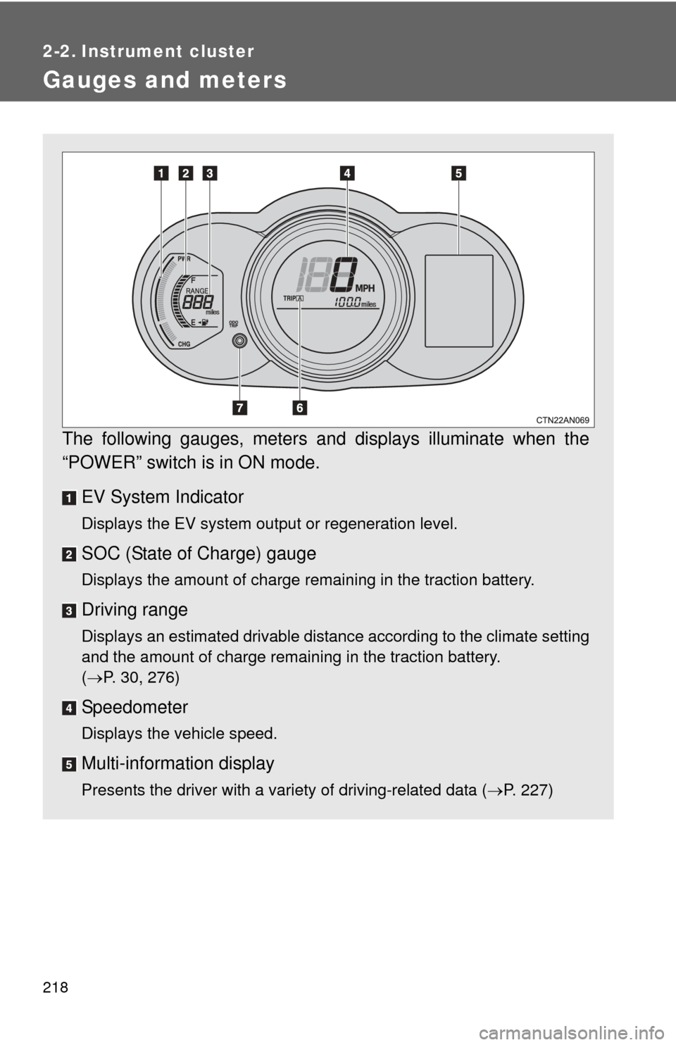 TOYOTA RAV4 EV 2014 1.G Owners Manual 218
2-2. Instrument cluster
Gauges and meters
The following gauges, meters and displays illuminate when the
“POWER” switch is in ON mode.EV System Indicator
Displays the EV system output or regene TOYOTA RAV4 EV 2014 1.G Owners Manual 218
2-2. Instrument cluster
Gauges and meters
The following gauges, meters and displays illuminate when the
“POWER” switch is in ON mode.EV System Indicator
Displays the EV system output or regene