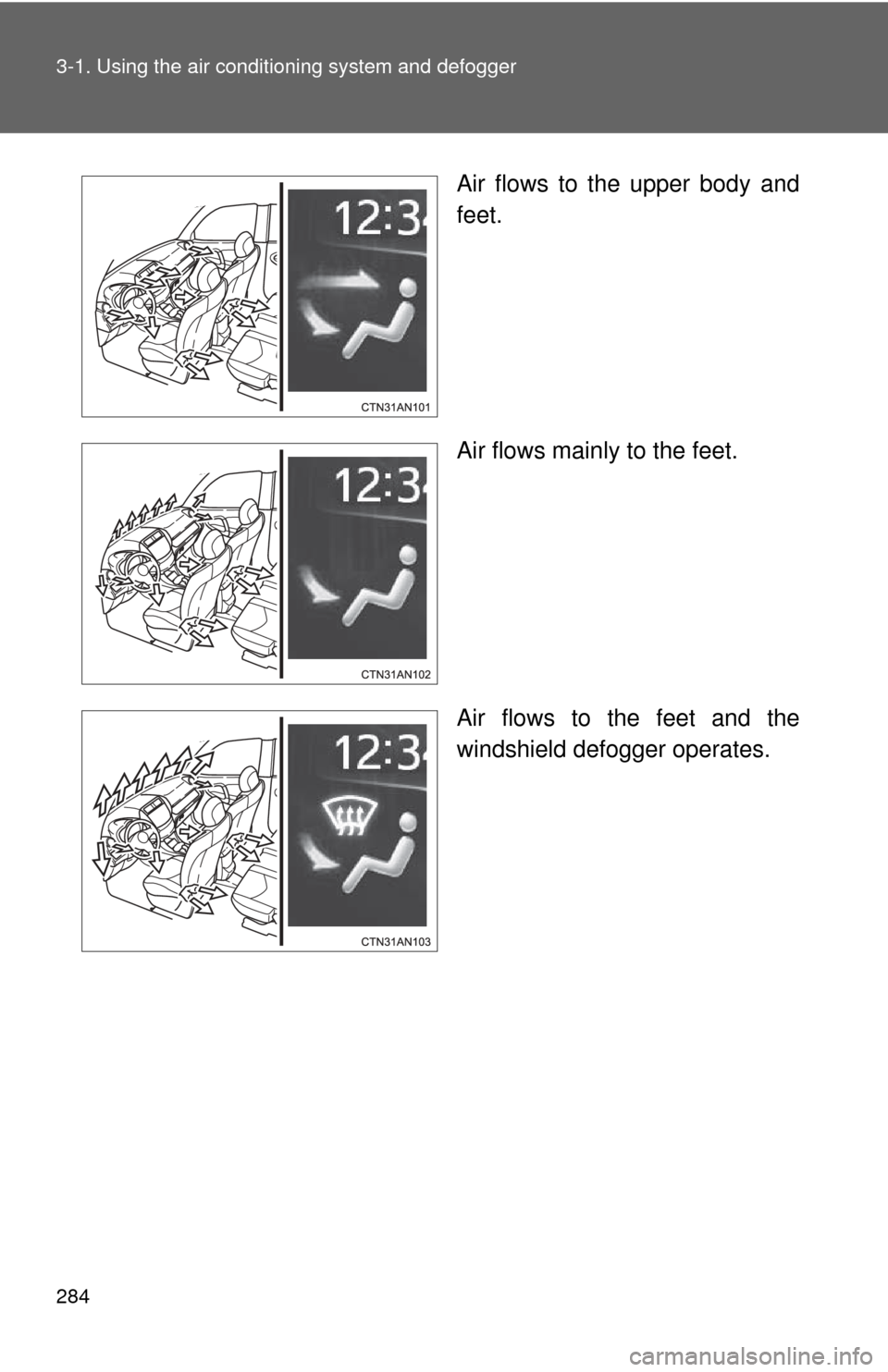 TOYOTA RAV4 EV 2014 1.G Owners Manual 284 3-1. Using the air conditioning system and defogger
Air flows to the upper body and
feet.
Air flows mainly to the feet.
Air flows to the feet and the
windshield defogger operates. 