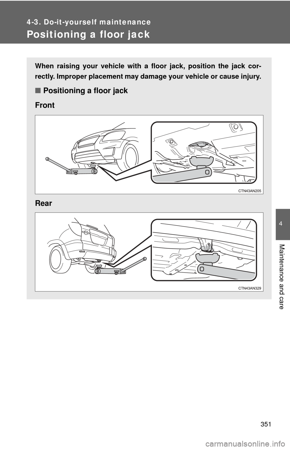 TOYOTA RAV4 EV 2014 1.G Owners Manual 351
4-3. Do-it-yourself maintenance
4
Maintenance and care
Positioning a floor jack
When raising your vehicle with a floor jack, position the jack cor-
rectly. Improper placement may damage your vehic