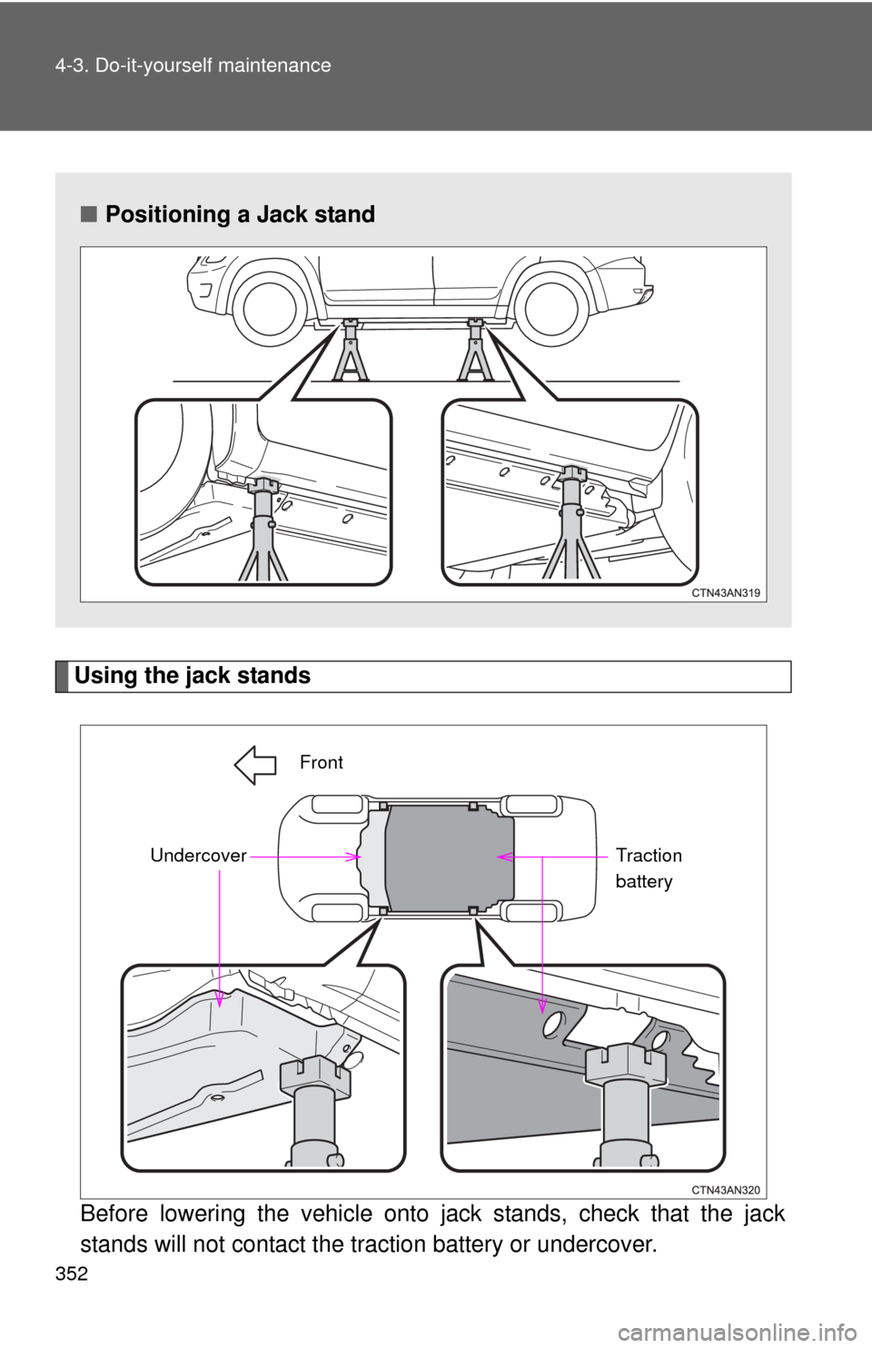 TOYOTA RAV4 EV 2014 1.G Owners Manual 352 4-3. Do-it-yourself maintenance
Using the jack standsBefore lowering the vehicle onto  jack stands, check that the jack
stands will not contact the traction battery or undercover.
■ Positioning 
