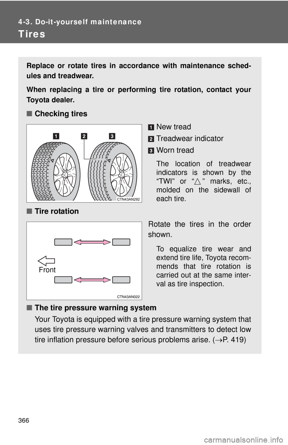 TOYOTA RAV4 EV 2014 1.G Owners Manual 366
4-3. Do-it-yourself maintenance
Tires
Replace or rotate tires in accordance with maintenance sched-
ules and treadwear.
When replacing a tire or performing tire rotation, contact your
Toyota deale TOYOTA RAV4 EV 2014 1.G Owners Manual 366
4-3. Do-it-yourself maintenance
Tires
Replace or rotate tires in accordance with maintenance sched-
ules and treadwear.
When replacing a tire or performing tire rotation, contact your
Toyota deale