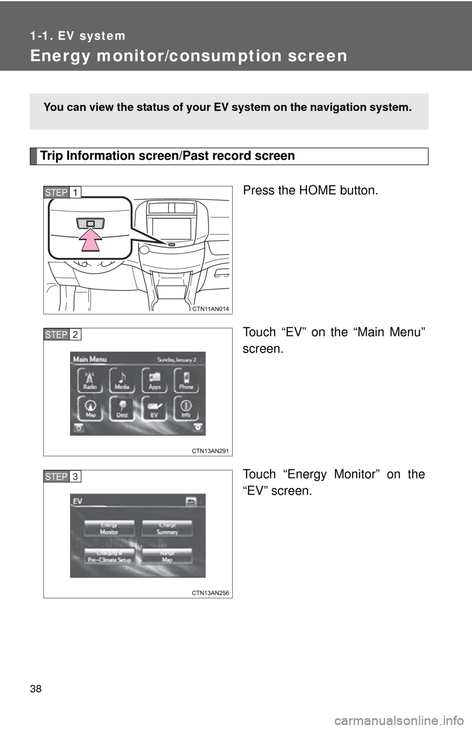 TOYOTA RAV4 EV 2014 1.G Owners Guide 38
1-1. EV system
Energy monitor/consumption screen
Trip Information screen/Past record screenPress the HOME button.
Touch “EV” on the “Main Menu”
screen.
Touch “Energy Monitor” on the
“ TOYOTA RAV4 EV 2014 1.G Owners Guide 38
1-1. EV system
Energy monitor/consumption screen
Trip Information screen/Past record screenPress the HOME button.
Touch “EV” on the “Main Menu”
screen.
Touch “Energy Monitor” on the
“