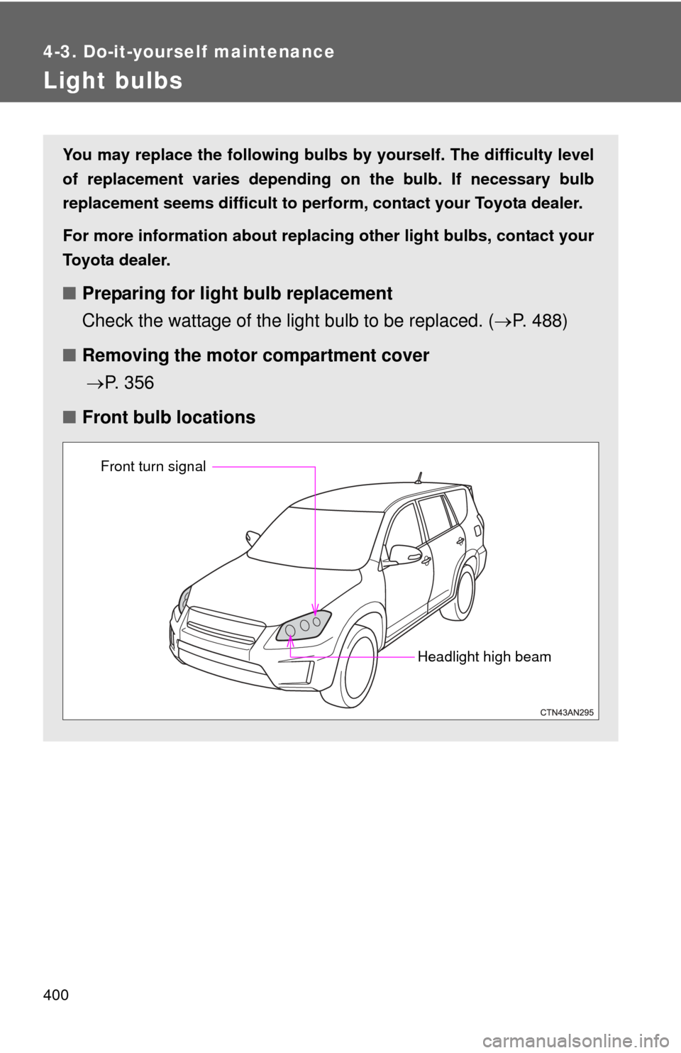TOYOTA RAV4 EV 2014 1.G Owners Manual 400
4-3. Do-it-yourself maintenance
Light bulbs
You may replace the following bulbs by yourself. The difficulty level
of replacement varies depending on the bulb. If necessary bulb
replacement seems d