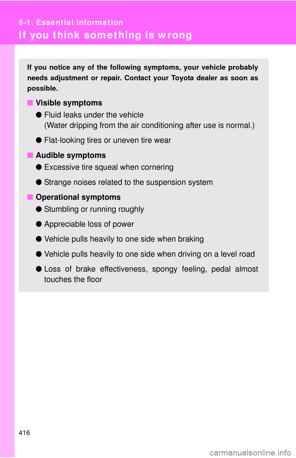 TOYOTA RAV4 EV 2014 1.G Owners Manual 416
5-1. Essential information
If you think something is wrong
If you notice any of the following symptoms, your vehicle probably
needs adjustment or repair. Contact your Toyota dealer as soon as
poss