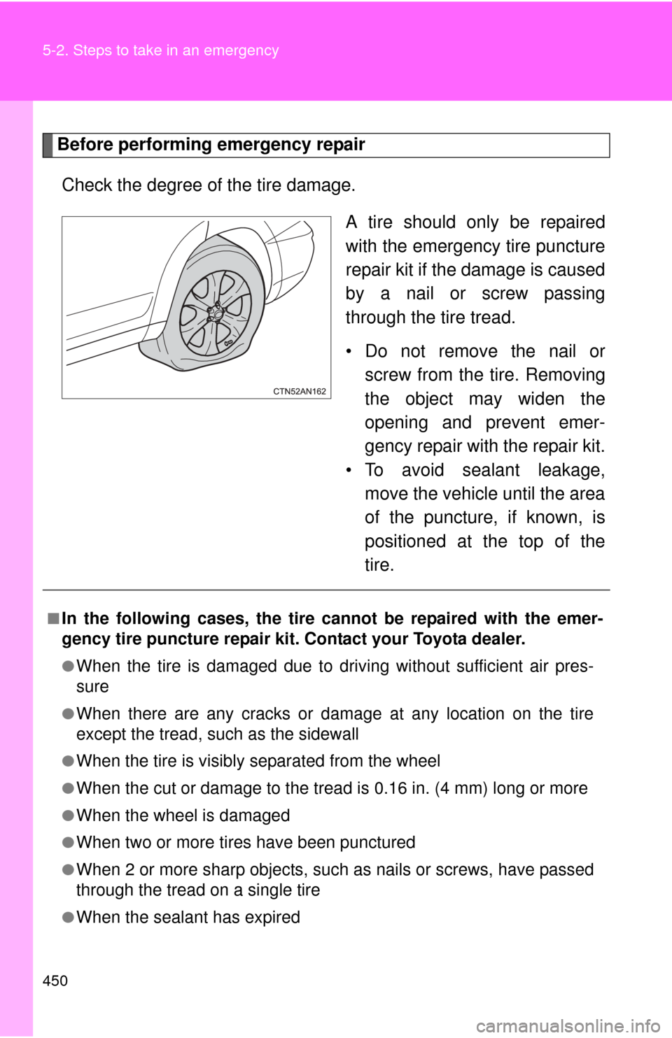 TOYOTA RAV4 EV 2014 1.G Owners Manual 450 5-2. Steps to take in an emergency
Before performing emergency repairCheck the degree of the tire damage. A tire should only be repaired
with the emergency tire puncture
repair kit if the damage i TOYOTA RAV4 EV 2014 1.G Owners Manual 450 5-2. Steps to take in an emergency
Before performing emergency repairCheck the degree of the tire damage. A tire should only be repaired
with the emergency tire puncture
repair kit if the damage i