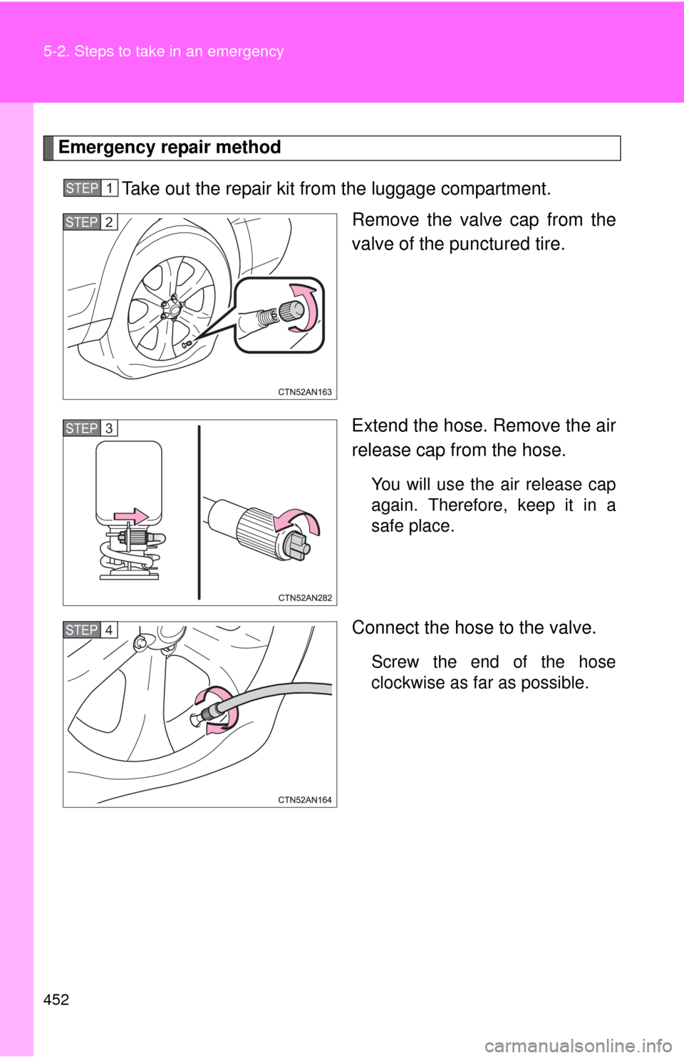 TOYOTA RAV4 EV 2014 1.G Owners Manual 452 5-2. Steps to take in an emergency
Emergency repair methodTake out the repair kit from the luggage compartment. Remove the valve cap from the
valve of the punctured tire.
Extend the hose. Remove t