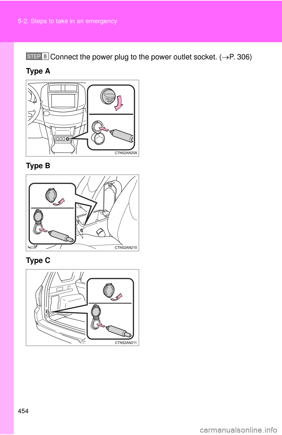TOYOTA RAV4 EV 2014 1.G Owners Manual 454 5-2. Steps to take in an emergency
Connect the power plug to the power outlet socket. (P. 306) 
Ty p e  A
Ty p e  B
Ty p e  CSTEP 8  