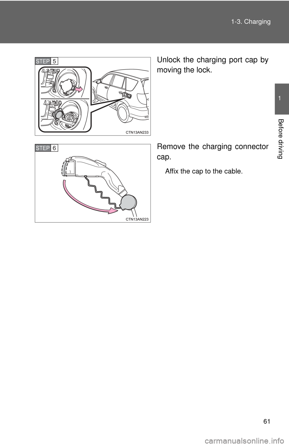 TOYOTA RAV4 EV 2014 1.G Repair Manual 61
1-3. Charging
1
Before driving
Unlock the charging port cap by
moving the lock.
Remove the charging connector
cap.
Affix the cap to the cable.
STEP 5 
STEP 6  