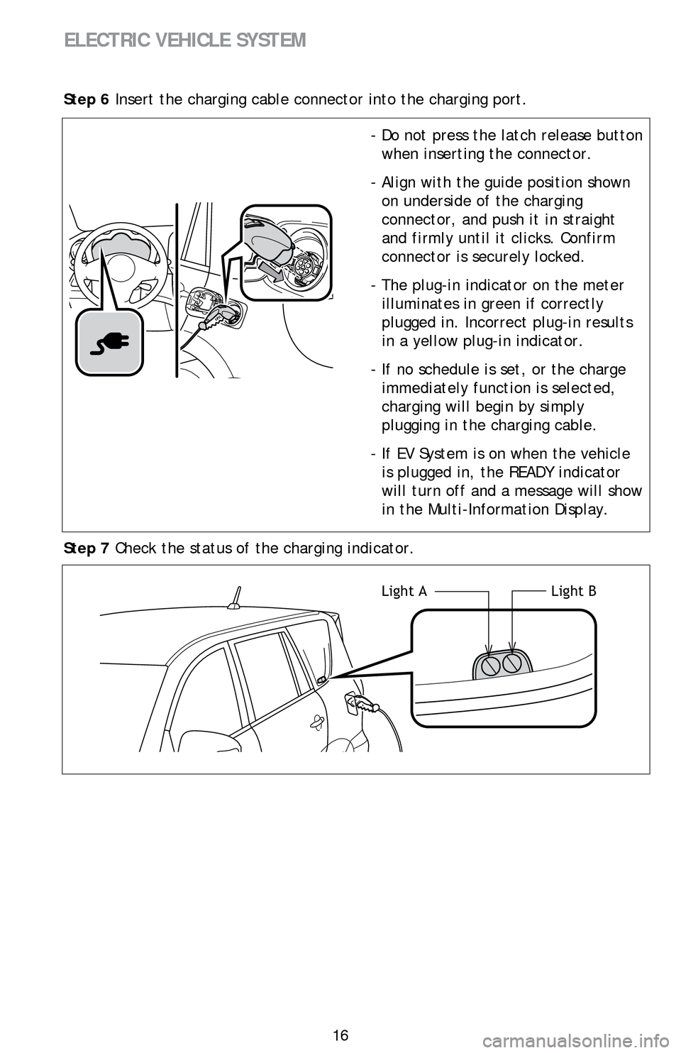 TOYOTA RAV4 EV 2014 1.G Quick Reference Guide 16
ELECTRIC VEHICLE SYSTEM
Step 6 Insert the charging cable connector into the charging port.
- Do not press the latch release button
when inserting the connector.
- Align with the guide position sho TOYOTA RAV4 EV 2014 1.G Quick Reference Guide 16
ELECTRIC VEHICLE SYSTEM
Step 6 Insert the charging cable connector into the charging port.
- Do not press the latch release button
when inserting the connector.
- Align with the guide position sho