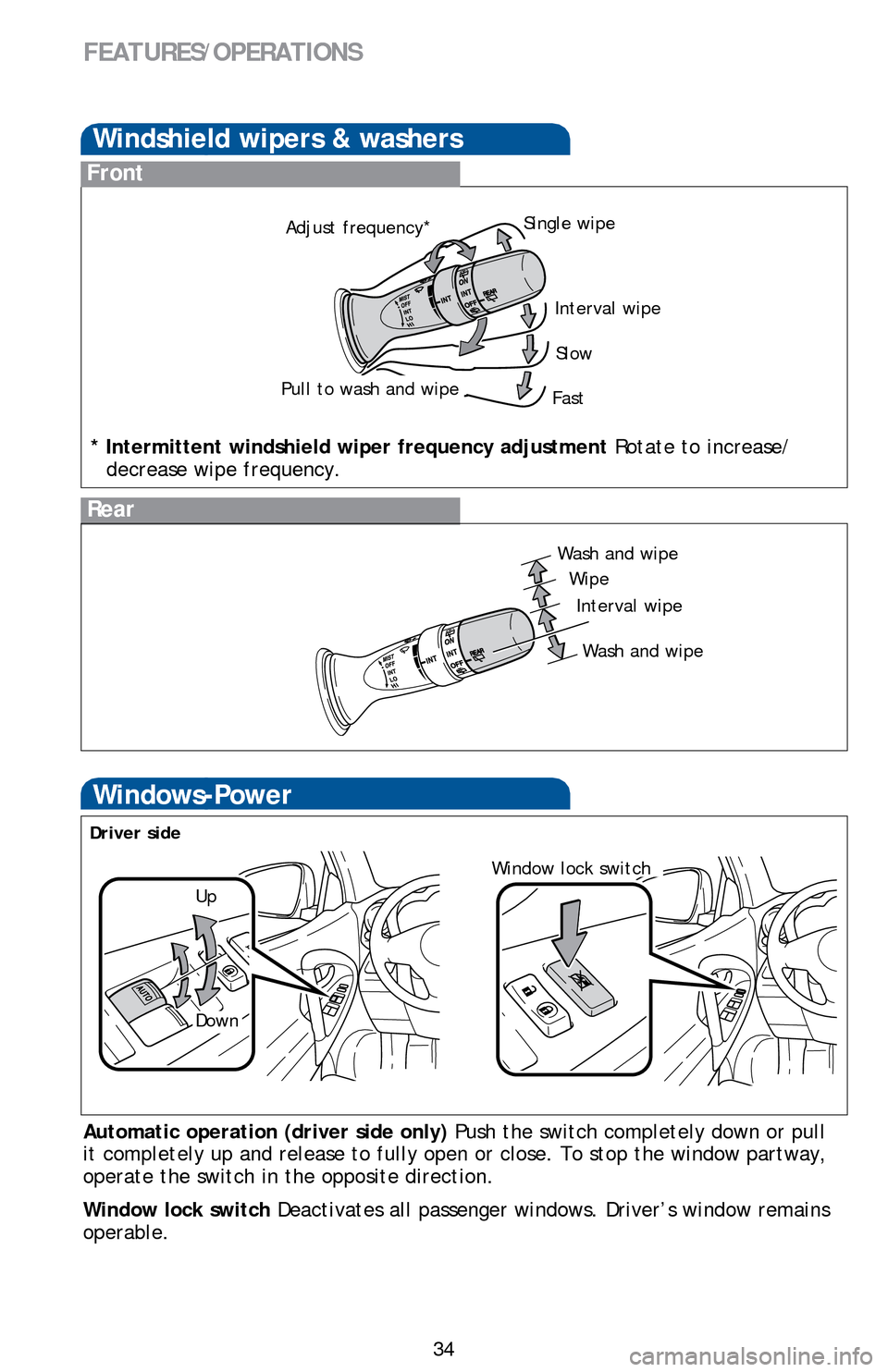 TOYOTA RAV4 EV 2014 1.G Quick Reference Guide 34
FEATURES/OPERATIONS
Windows-Power
Driver side
Automatic operation (driver side only) Push the switch completely down or pull 
it completely up and release to fully open or close. To stop the window