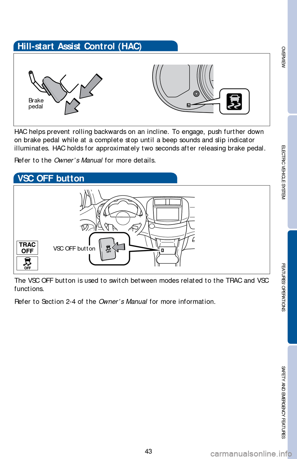 TOYOTA RAV4 EV 2014 1.G Quick Reference Guide OVERVIEW ELECTRIC VEHICLE SYSTEMFEATURES/OPERATIONS
SAFETY AND EMERGENCY FEATURES
43
HAC helps prevent rolling backwards on an incline. To engage, push further down
on brake pedal while at a complete TOYOTA RAV4 EV 2014 1.G Quick Reference Guide OVERVIEW ELECTRIC VEHICLE SYSTEMFEATURES/OPERATIONS
SAFETY AND EMERGENCY FEATURES
43
HAC helps prevent rolling backwards on an incline. To engage, push further down
on brake pedal while at a complete