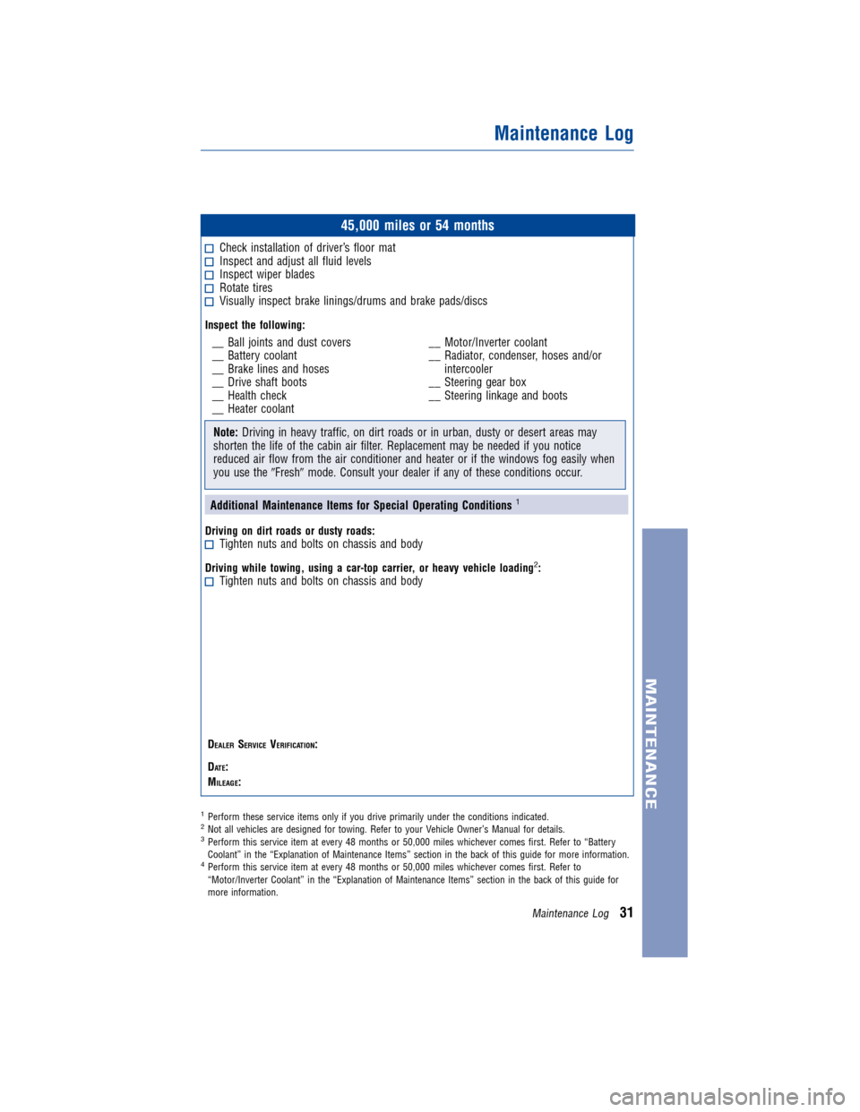 TOYOTA RAV4 EV 2014 1.G Warranty And Maintenance Guide JOBNAME: 1491140-2014-r4eWG-E PAGE: 31 SESS: 11 OUTPUT: Thu Aug 1 07:50:38 2013
/tweddle/toyota/sched-maint/1491140-en-r4e/wg
45,000 miles or 54 months
Check installation of driver’s floor matInspec TOYOTA RAV4 EV 2014 1.G Warranty And Maintenance Guide JOBNAME: 1491140-2014-r4eWG-E PAGE: 31 SESS: 11 OUTPUT: Thu Aug 1 07:50:38 2013
/tweddle/toyota/sched-maint/1491140-en-r4e/wg
45,000 miles or 54 months
Check installation of driver’s floor matInspec