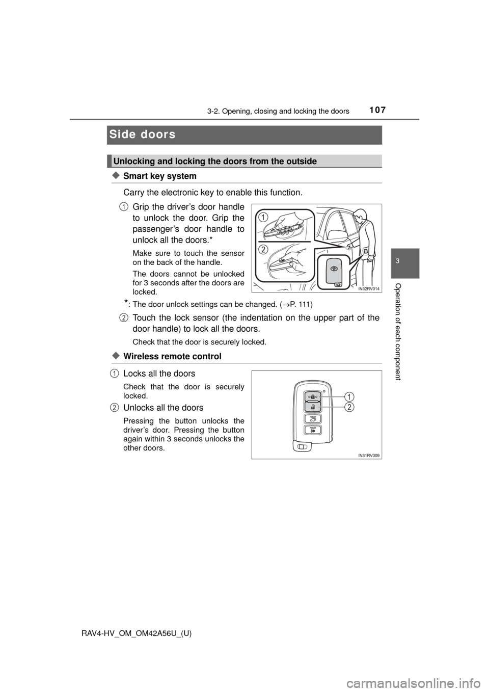 TOYOTA RAV4 HYBRID 2016 XA40 / 4.G Owners Manual 107
RAV4-HV_OM_OM42A56U_(U)
3-2. Opening, closing and locking the doors
3
Operation of each component
Side doors
◆Smart key system
Carry the electronic key to enable this function.Grip the driver’ TOYOTA RAV4 HYBRID 2016 XA40 / 4.G Owners Manual 107
RAV4-HV_OM_OM42A56U_(U)
3-2. Opening, closing and locking the doors
3
Operation of each component
Side doors
◆Smart key system
Carry the electronic key to enable this function.Grip the driver’