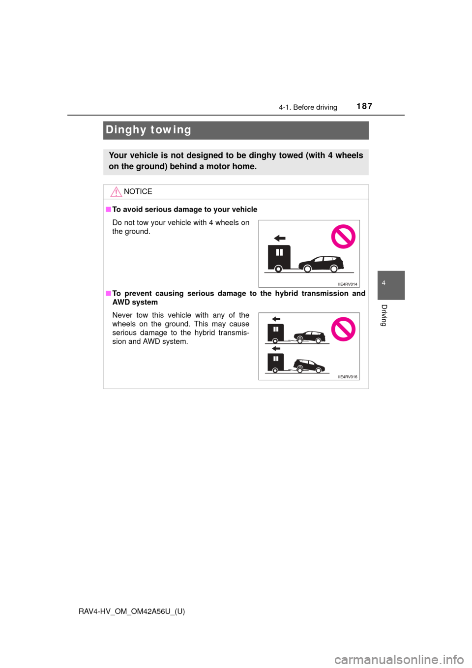 TOYOTA RAV4 HYBRID 2016 XA40 / 4.G Owners Manual 187
RAV4-HV_OM_OM42A56U_(U)
4-1. Before driving
4
Driving
Dinghy towing
Your vehicle is not designed to be dinghy towed (with 4 wheels
on the ground) behind a motor home.
NOTICE
■To avoid serious d TOYOTA RAV4 HYBRID 2016 XA40 / 4.G Owners Manual 187
RAV4-HV_OM_OM42A56U_(U)
4-1. Before driving
4
Driving
Dinghy towing
Your vehicle is not designed to be dinghy towed (with 4 wheels
on the ground) behind a motor home.
NOTICE
■To avoid serious d