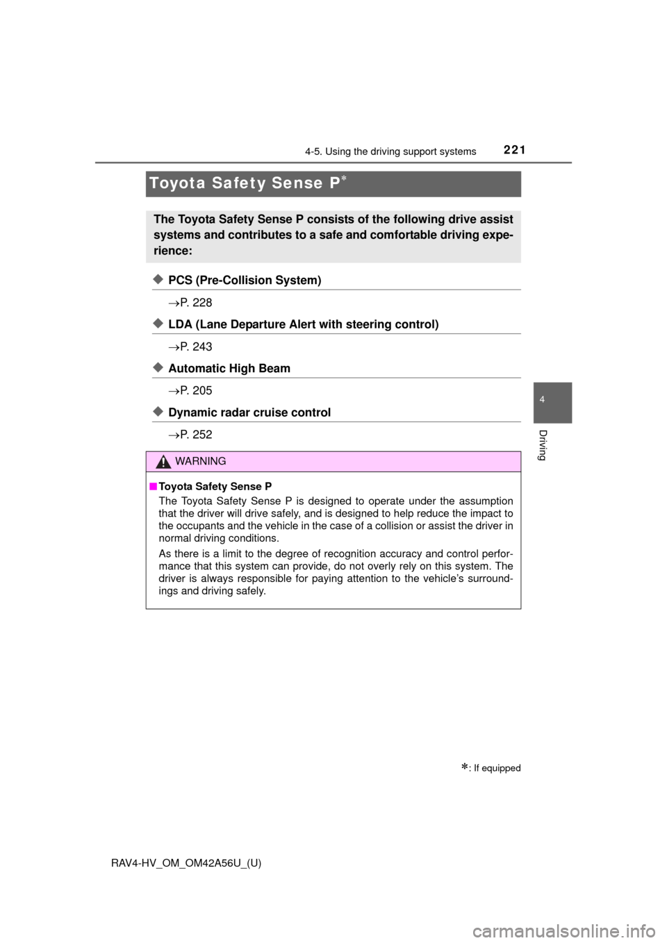 TOYOTA RAV4 HYBRID 2016 XA40 / 4.G Owners Manual 221
RAV4-HV_OM_OM42A56U_(U)
4-5. Using the driving support systems
4
Driving
Toyota Safety Sense P
◆PCS (Pre-Collision System)
P.  2 2 8
◆LDA (Lane Departure Alert with steering control)
