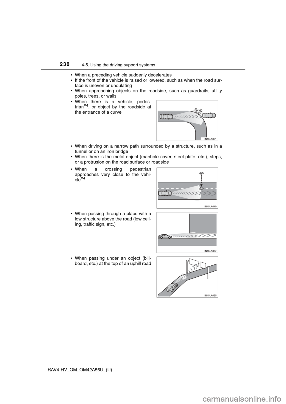 TOYOTA RAV4 HYBRID 2016 XA40 / 4.G Owners Manual 238
RAV4-HV_OM_OM42A56U_(U)
4-5. Using the driving support systems
• When a preceding vehicle suddenly decelerates
• If the front of the vehicle is raised or lowered, such as when the road sur-
fa TOYOTA RAV4 HYBRID 2016 XA40 / 4.G Owners Manual 238
RAV4-HV_OM_OM42A56U_(U)
4-5. Using the driving support systems
• When a preceding vehicle suddenly decelerates
• If the front of the vehicle is raised or lowered, such as when the road sur-
fa
