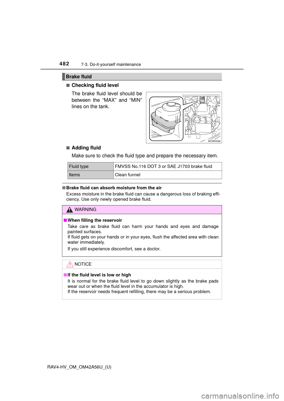 TOYOTA RAV4 HYBRID 2016 XA40 / 4.G Owners Manual 482
RAV4-HV_OM_OM42A56U_(U)
7-3. Do-it-yourself maintenance
■Checking fluid level
The brake fluid level should be
between the “MAX” and “MIN”
lines on the tank.
■Adding fluid
Make sure to 