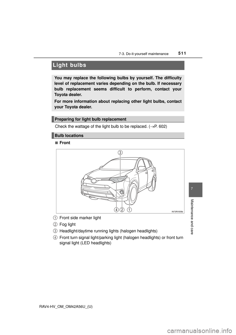 TOYOTA RAV4 HYBRID 2016 XA40 / 4.G Owners Manual 511
RAV4-HV_OM_OM42A56U_(U)
7-3. Do-it-yourself maintenance
7
Maintenance and care
Light bulbs
Check the wattage of the light bulb to be replaced. (P. 602)
■Front
Front side marker light
Fog ligh