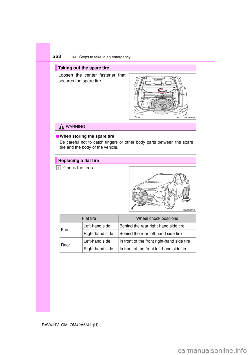 TOYOTA RAV4 HYBRID 2016 XA40 / 4.G Owners Manual 5688-2. Steps to take in an emergency
RAV4-HV_OM_OM42A56U_(U)
Loosen the center fastener that
secures the spare tire.Chock the tires.
Taking out the spare tire
WARNING
■When storing the spare tire
B TOYOTA RAV4 HYBRID 2016 XA40 / 4.G Owners Manual 5688-2. Steps to take in an emergency
RAV4-HV_OM_OM42A56U_(U)
Loosen the center fastener that
secures the spare tire.Chock the tires.
Taking out the spare tire
WARNING
■When storing the spare tire
B