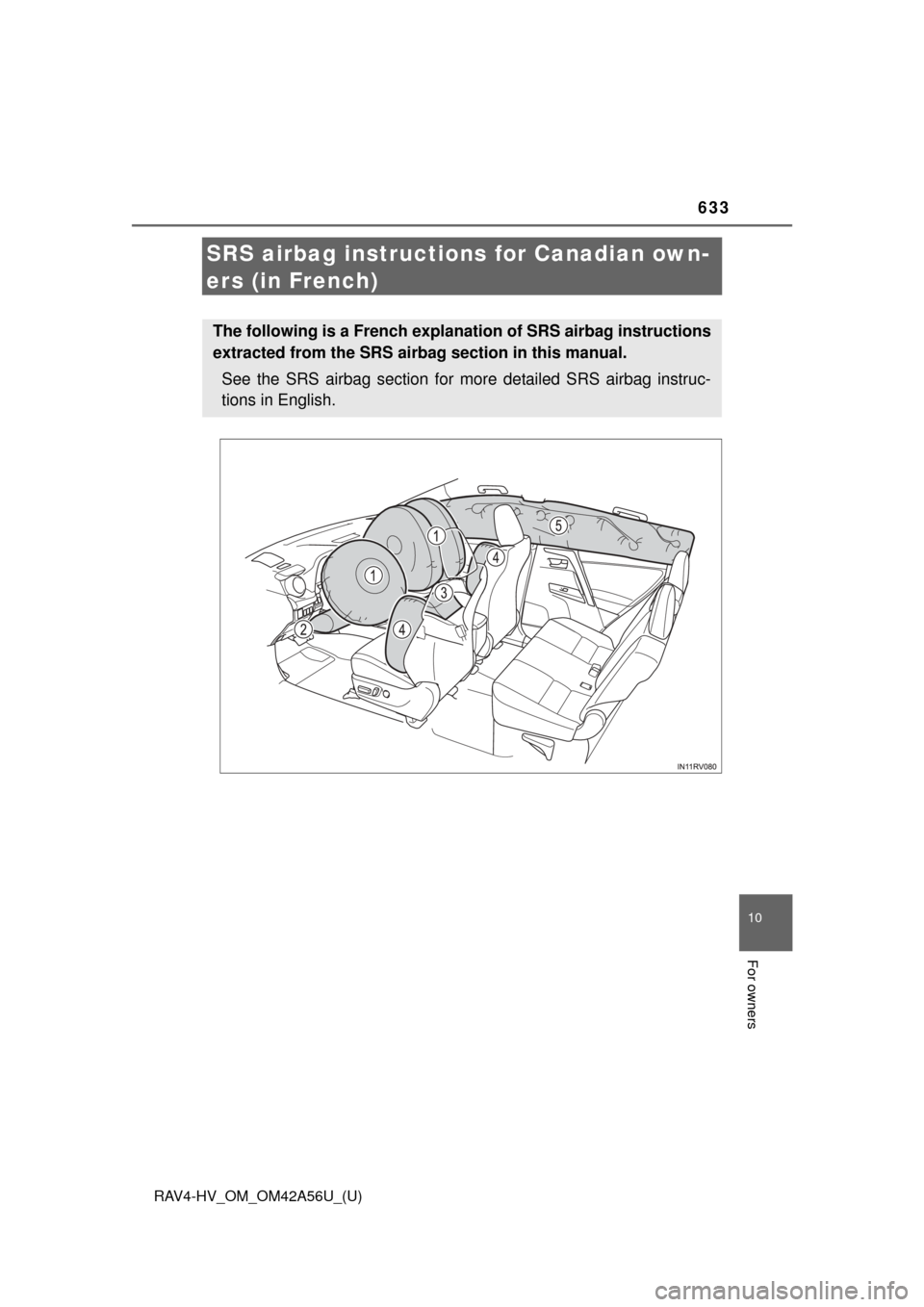 TOYOTA RAV4 HYBRID 2016 XA40 / 4.G Owners Manual 633
RAV4-HV_OM_OM42A56U_(U)
10
For owners
SRS airbag instructions for Canadian own-
ers (in French)
The following is a French explanation of SRS airbag instructions
extracted from the SRS airbag secti TOYOTA RAV4 HYBRID 2016 XA40 / 4.G Owners Manual 633
RAV4-HV_OM_OM42A56U_(U)
10
For owners
SRS airbag instructions for Canadian own-
ers (in French)
The following is a French explanation of SRS airbag instructions
extracted from the SRS airbag secti