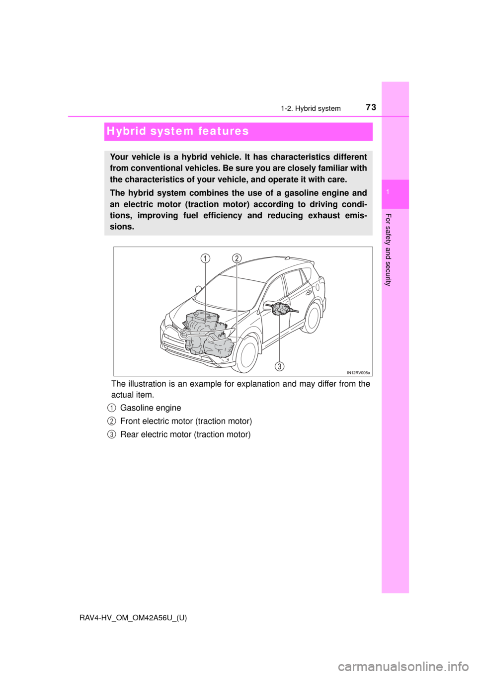 TOYOTA RAV4 HYBRID 2016 XA40 / 4.G Owners Manual 731-2. Hybrid system
RAV4-HV_OM_OM42A56U_(U)
1
For safety and security
Hybrid system features
The illustration is an example for explanation and may differ from the
actual item.Gasoline engine
Front e