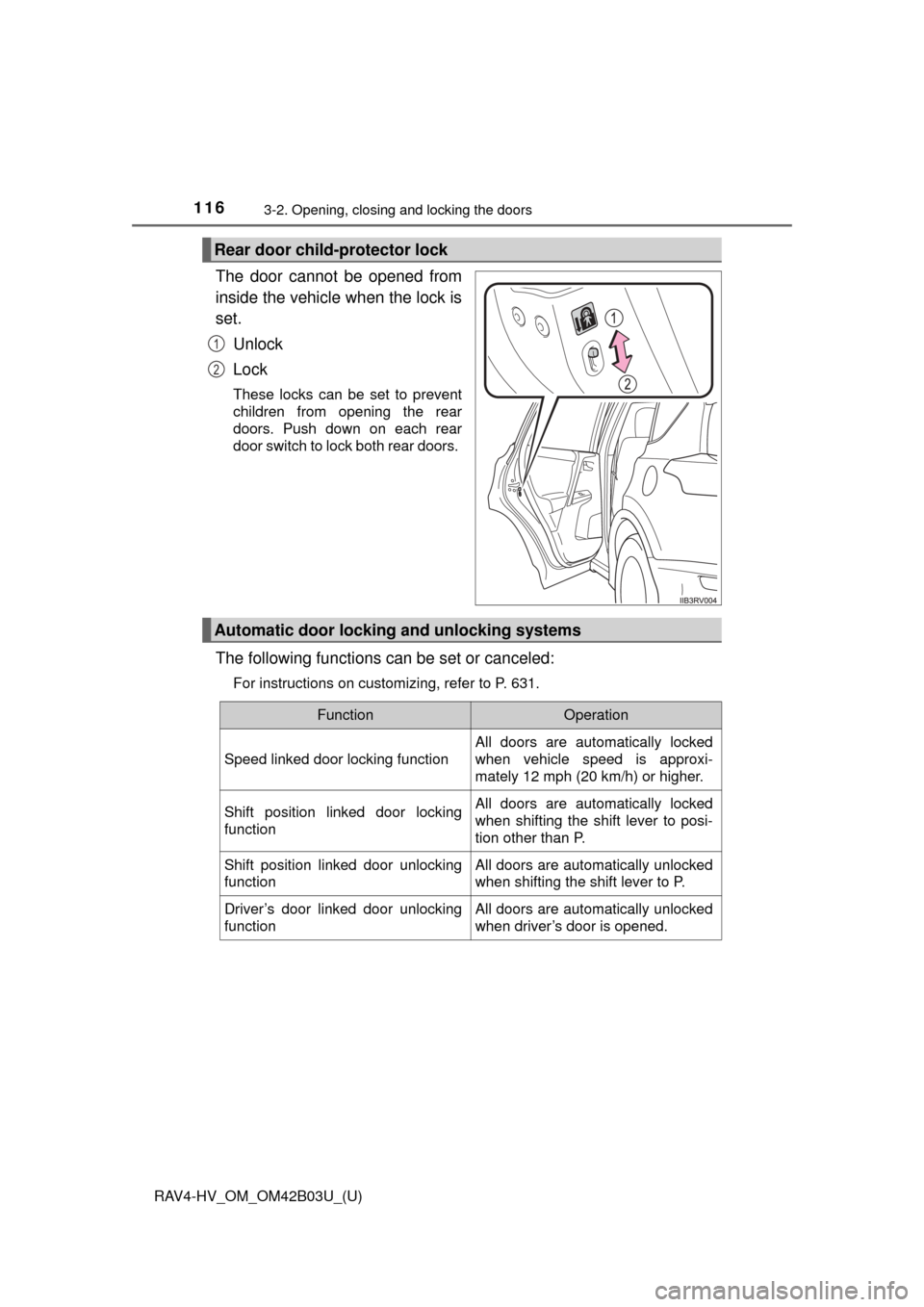 TOYOTA RAV4 HYBRID 2017 XA40 / 4.G Owners Manual 116
RAV4-HV_OM_OM42B03U_(U)
3-2. Opening, closing and locking the doors
The door cannot be opened from
inside the vehicle when the lock is
set.Unlock
Lock
These locks can be set to prevent
children fr TOYOTA RAV4 HYBRID 2017 XA40 / 4.G Owners Manual 116
RAV4-HV_OM_OM42B03U_(U)
3-2. Opening, closing and locking the doors
The door cannot be opened from
inside the vehicle when the lock is
set.Unlock
Lock
These locks can be set to prevent
children fr