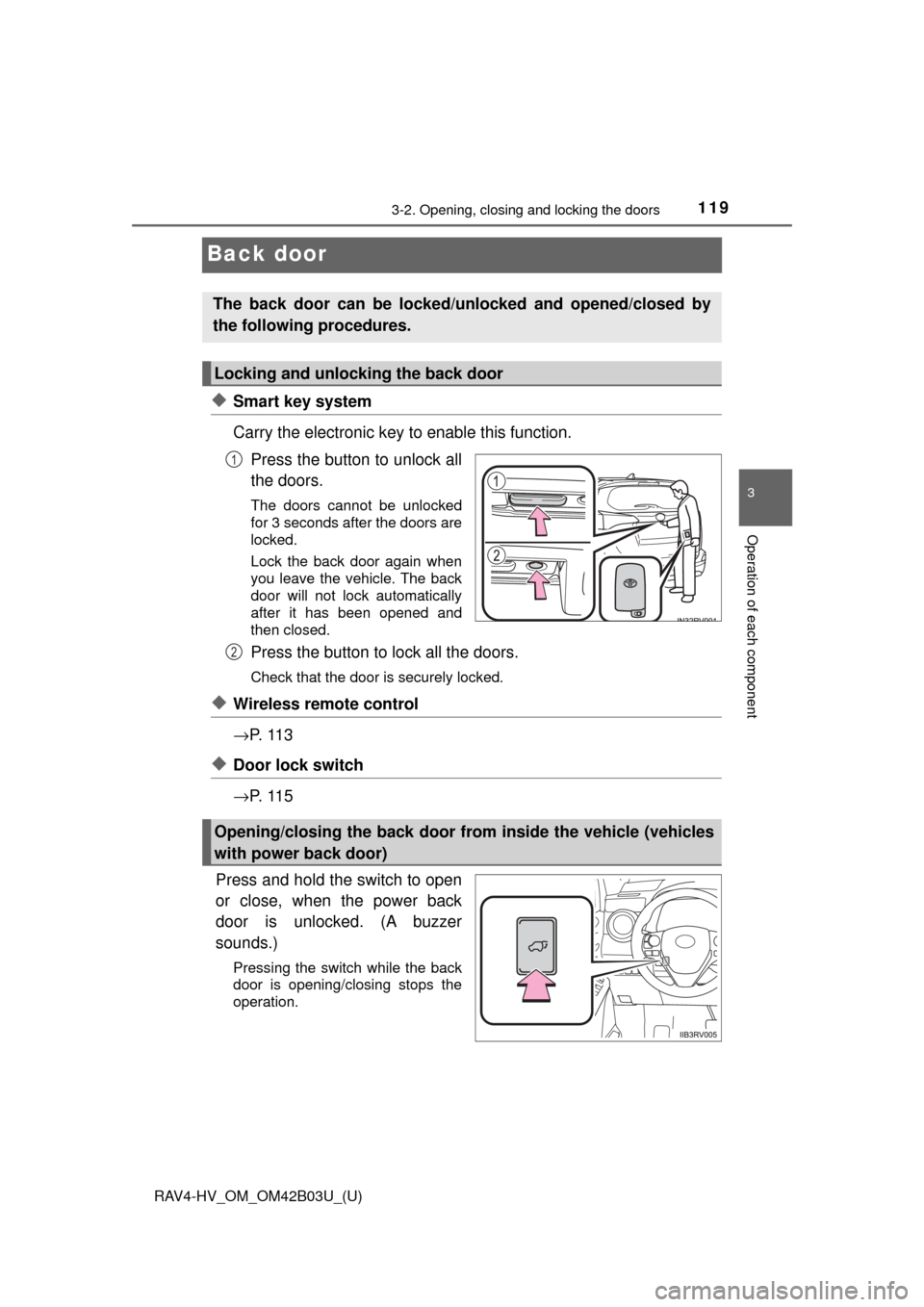 TOYOTA RAV4 HYBRID 2017 XA40 / 4.G Owners Manual 119
RAV4-HV_OM_OM42B03U_(U)
3-2. Opening, closing and locking the doors
3
Operation of each component
Back door
◆Smart key system
Carry the electronic key to enable this function.Press the button to TOYOTA RAV4 HYBRID 2017 XA40 / 4.G Owners Manual 119
RAV4-HV_OM_OM42B03U_(U)
3-2. Opening, closing and locking the doors
3
Operation of each component
Back door
◆Smart key system
Carry the electronic key to enable this function.Press the button to