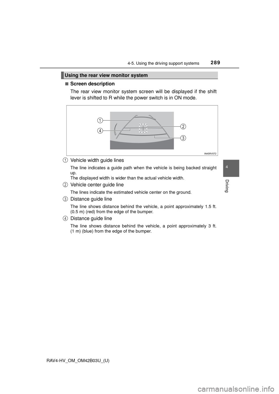 TOYOTA RAV4 HYBRID 2017 XA40 / 4.G Owners Manual RAV4-HV_OM_OM42B03U_(U)
2894-5. Using the driving support systems
4
Driving
■Screen description
The rear view monitor system scr een will be displayed if the shift
lever is shifted to R while the po