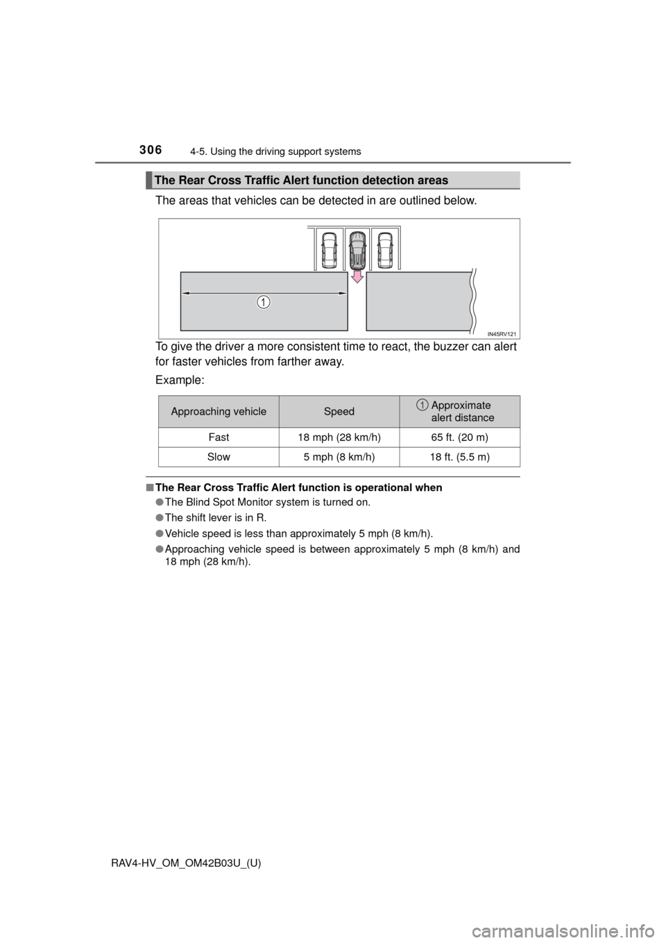 TOYOTA RAV4 HYBRID 2017 XA40 / 4.G Owners Manual 306
RAV4-HV_OM_OM42B03U_(U)
4-5. Using the driving support systems
The areas that vehicles can be  detected in are outlined below.
To give the driver a more consistent time to react, the buzzer can al