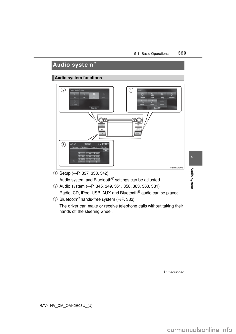 TOYOTA RAV4 HYBRID 2017 XA40 / 4.G Owners Manual 329
RAV4-HV_OM_OM42B03U_(U)
5-1. Basic Operations
5
Audio system
Audio system∗
Setup (→P. 337, 338, 342)
Audio system and Bluetooth
® settings can be adjusted.
Audio system ( →P. 345, 349, 351,