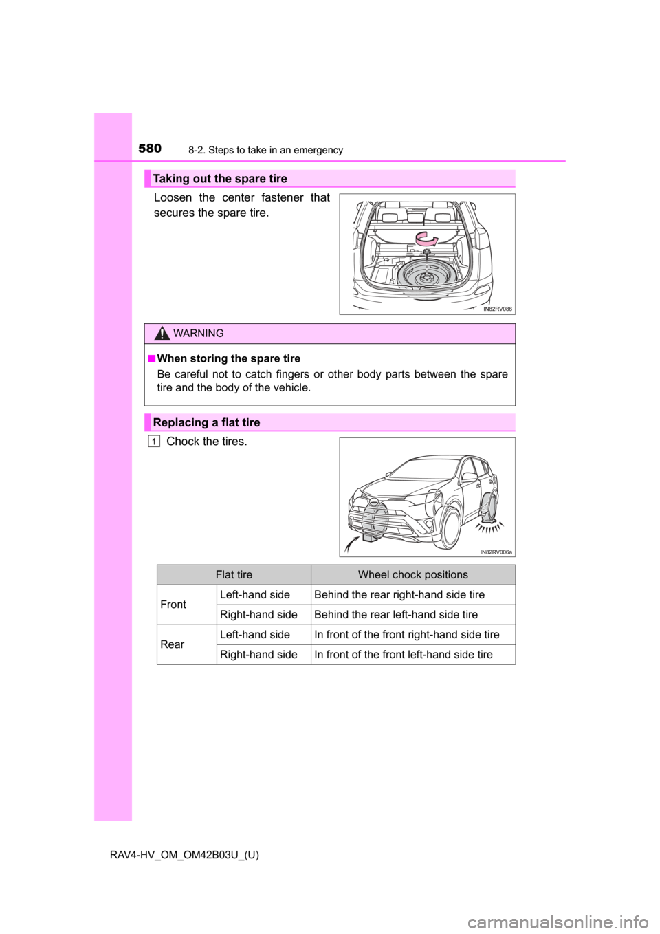 TOYOTA RAV4 HYBRID 2017 XA40 / 4.G Owners Manual 5808-2. Steps to take in an emergency
RAV4-HV_OM_OM42B03U_(U)
Loosen the center fastener that
secures the spare tire.Chock the tires.
Taking out the spare tire
WARNING
■
When storing the spare tire
