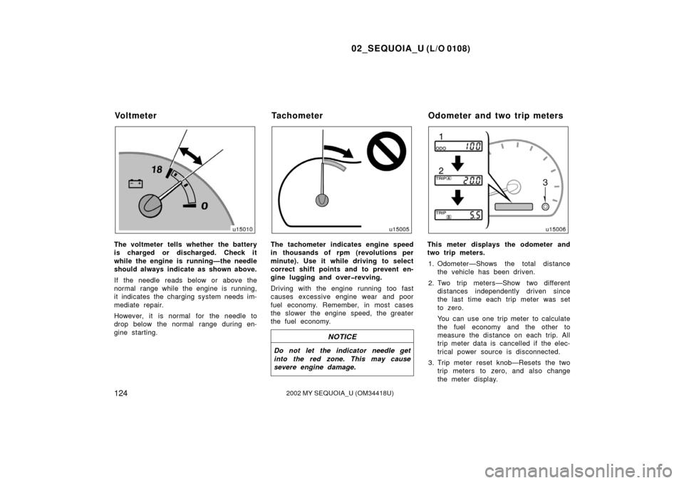 TOYOTA SEQUOIA 2002 1.G Owners Manual 02_SEQUOIA_U (L/O 0108)
1242002 MY SEQUOIA_U (OM34418U)
The voltmeter tells whether the battery
is charged or discharged. Check it
while the engine is running—the needle
should always indicate as sh