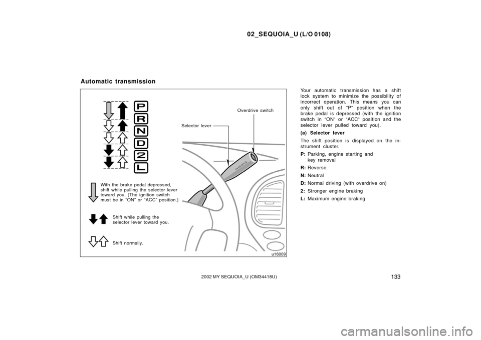 TOYOTA SEQUOIA 2002 1.G Owners Manual 02_SEQUOIA_U (L/O 0108)
1332002 MY SEQUOIA_U (OM34418U)
Your automatic transmission has a shift
lock system to minimize the possibility of
incorrect operation. This means you can
only shift out of  
