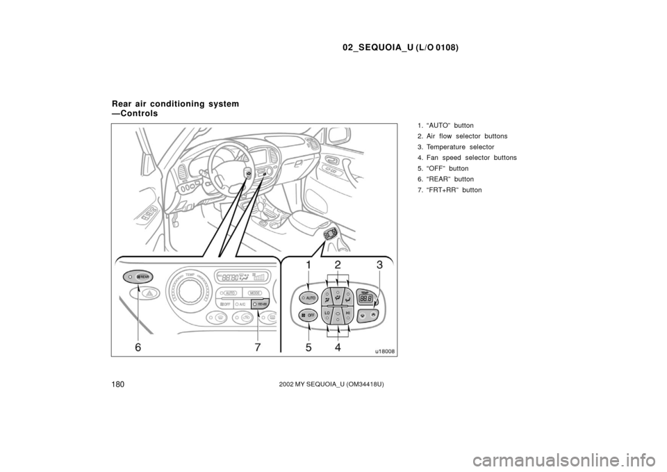 TOYOTA SEQUOIA 2002 1.G Owners Manual 02_SEQUOIA_U (L/O 0108)
1802002 MY SEQUOIA_U (OM34418U)
1. “AUTO” button
2. Air flow selector buttons
3. Temperature selector
4. Fan speed selector buttons
5. “OFF” button
6. “REAR” button