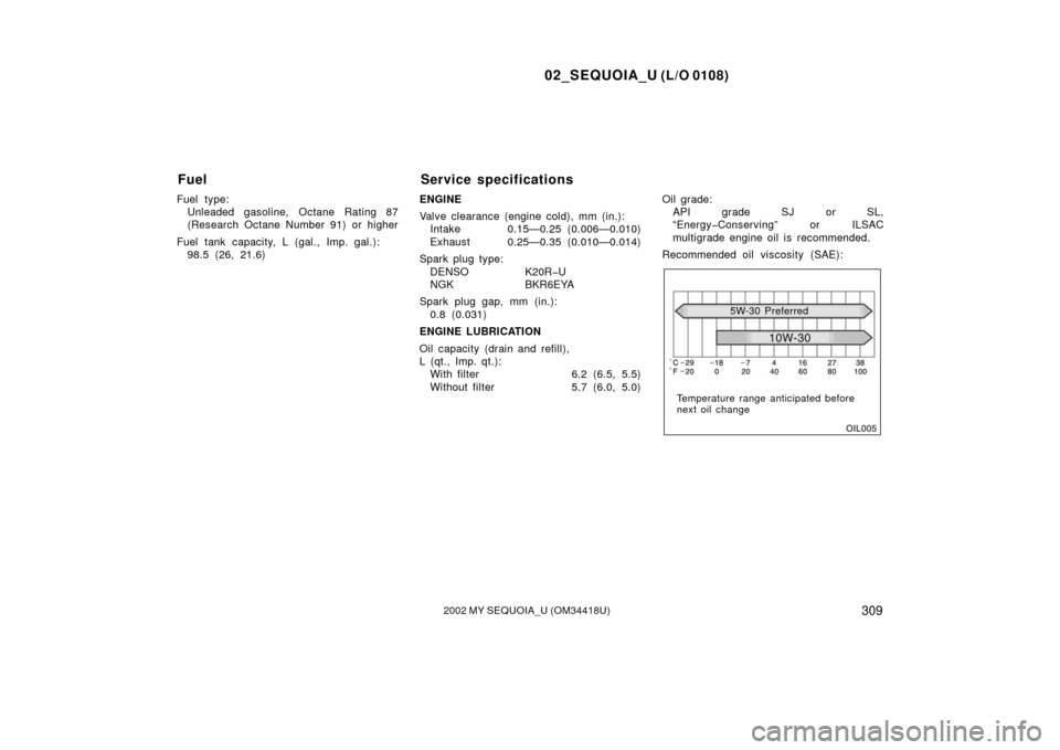 TOYOTA SEQUOIA 2002 1.G Owners Manual 02_SEQUOIA_U (L/O 0108)
3092002 MY SEQUOIA_U (OM34418U)
Fuel type:Unleaded gasoline, Octane Rating 87
(Research Octane Number 91) or higher
Fuel tank capacity, L (gal., Imp. gal.): 98.5 (26, 21.6) ENG